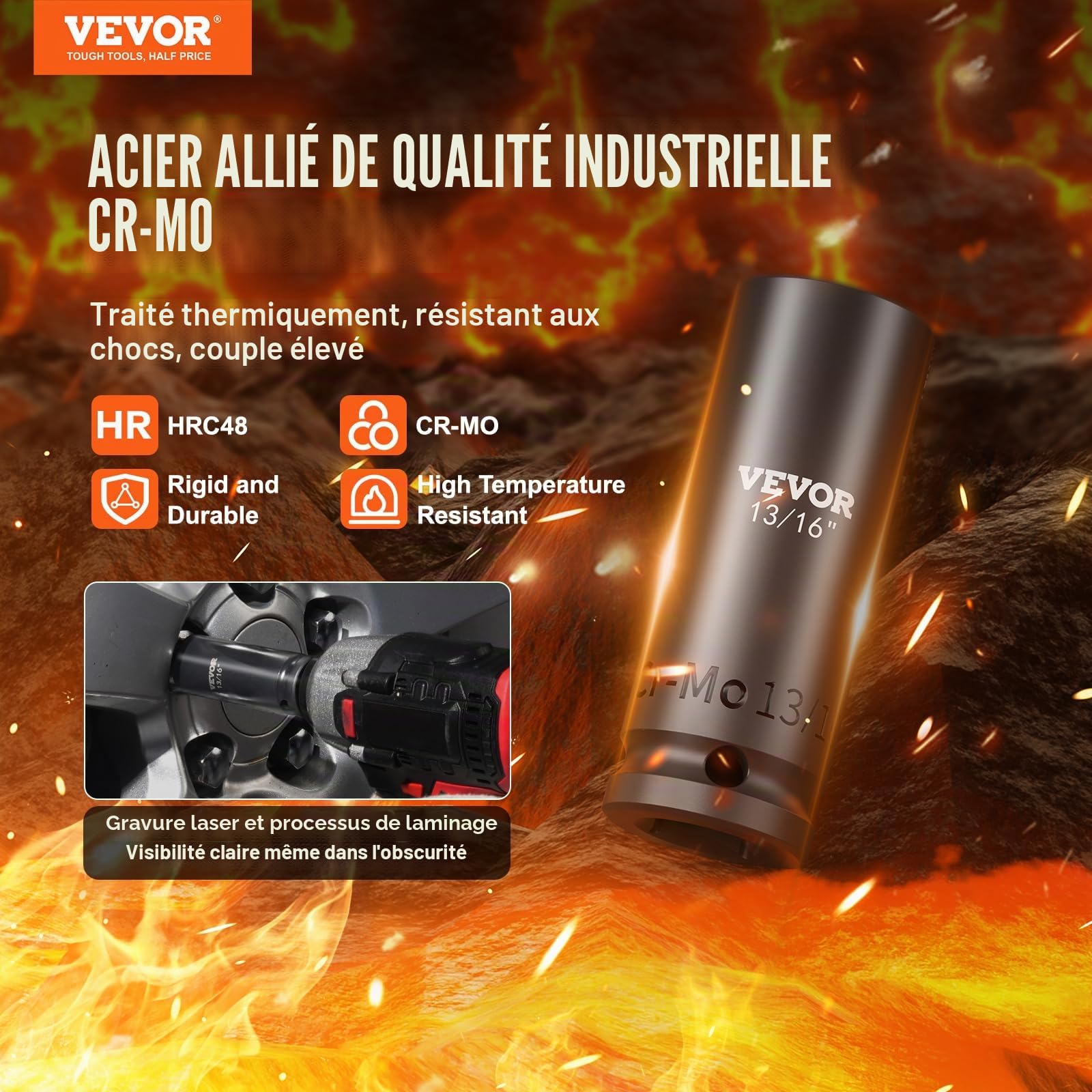 VEVOR Coffret Douilles à Chocs 3/8" et 1/2", SAE et Métrique, Kit pour Clé à Cliquet 130PCs, en Acier Allié Cr-Mo, 6 Pans, Marquages de Taille Faciles à Lire, pour la Réparation Automobile, Atelier
