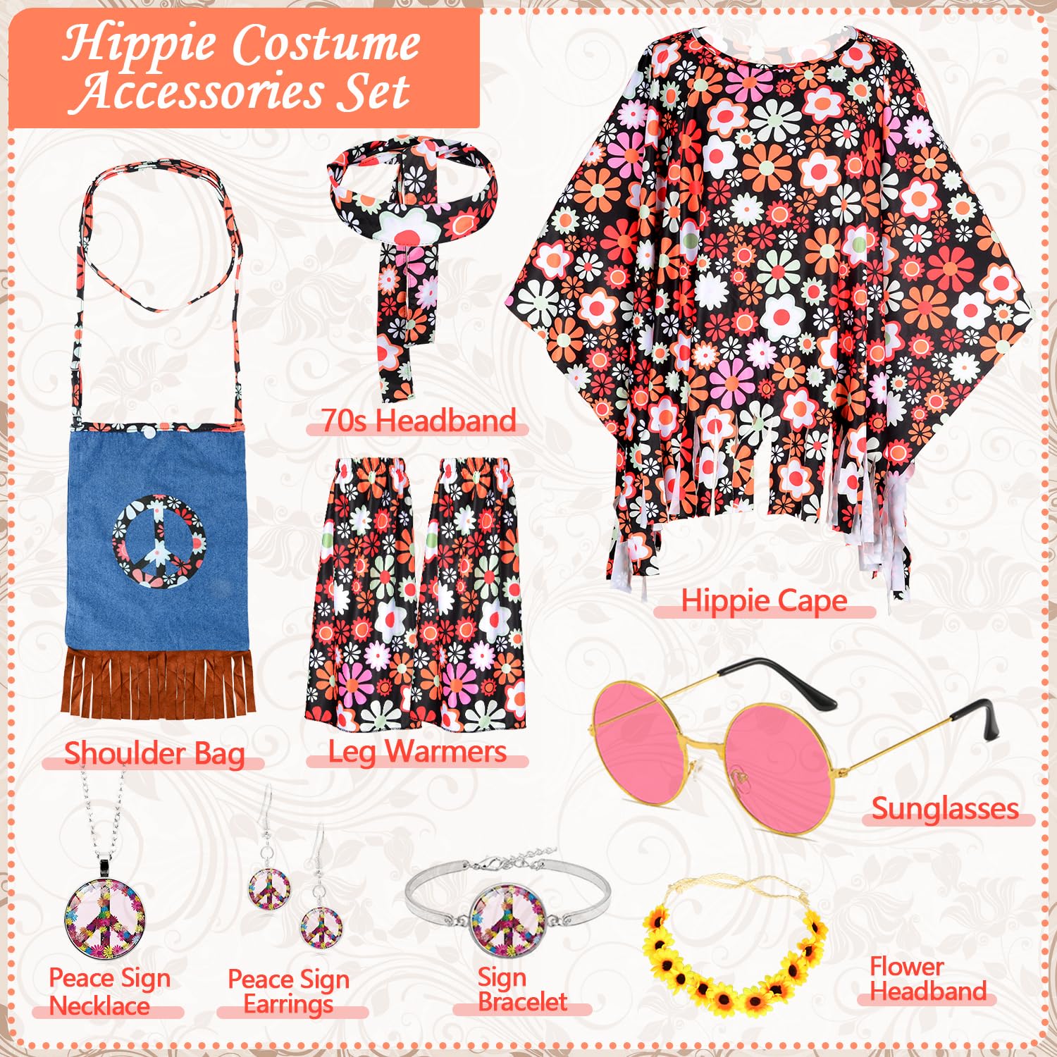 Disfraz Hippie Mujer, 9 Piezas Disfraz Años 70 Mujer, Disfraz Carnaval Mujer con Capa Hippie, Bolso Hombro Colorido, Disfraz Hippie Retro Discoteca Años 60 70 para Fiesta Carnaval