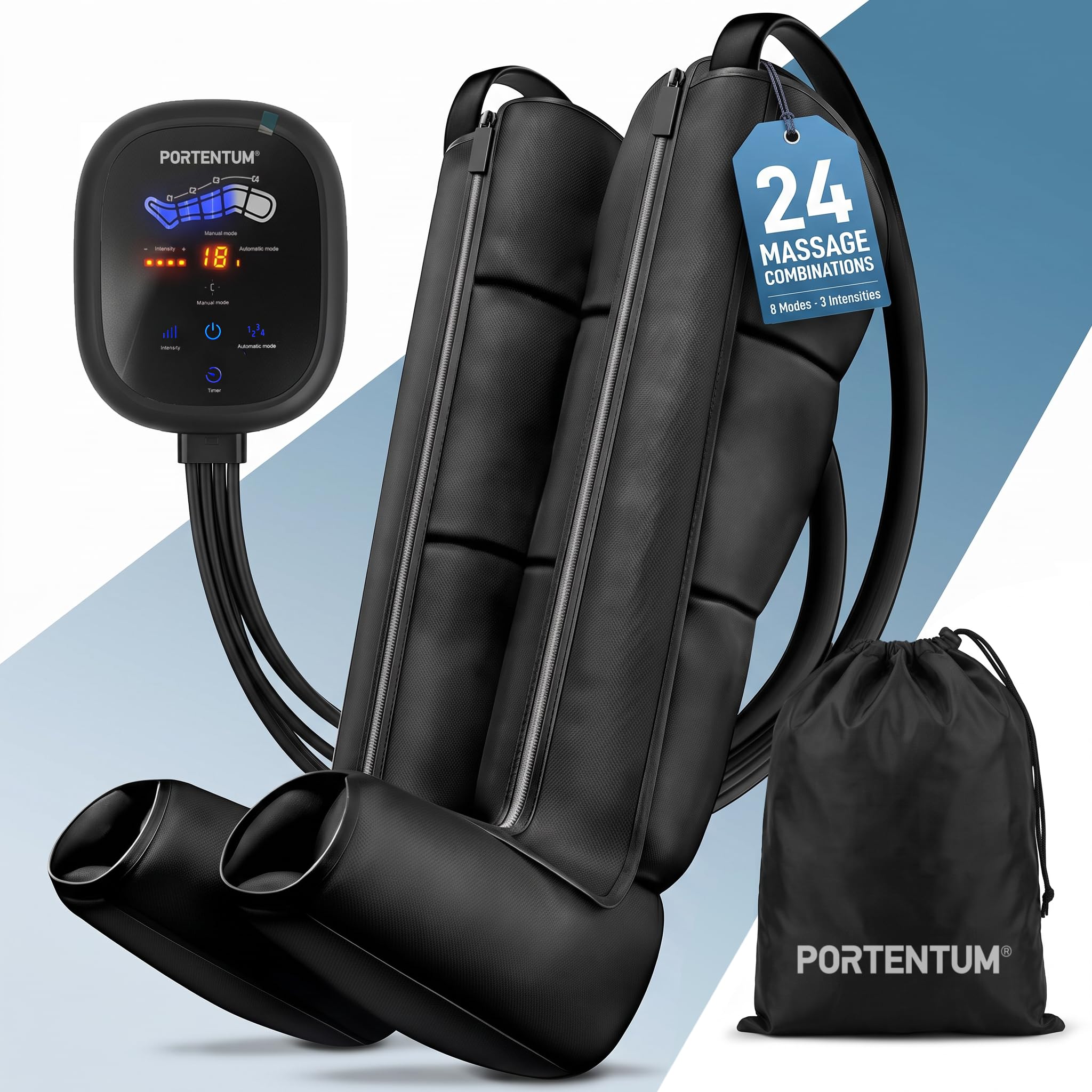 PORTENTUM Bottes pressothérapie jambes sur secteur – 8 modes et 3 intensités – Télécommande avec écran LCD – Adaptateur secteur inclus – Favorise le drainage lymphatique jambes – Sac inclus