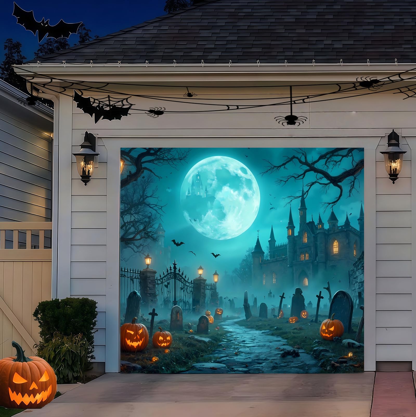 Zfflyh Cemetery Castle Halloween Garage Door Cover Banner, Large Hanging Backdrop Horror Haunted Halloween Garage Wall Decorations For Home Outdoor Indoor Holiday Party,,8X7ft