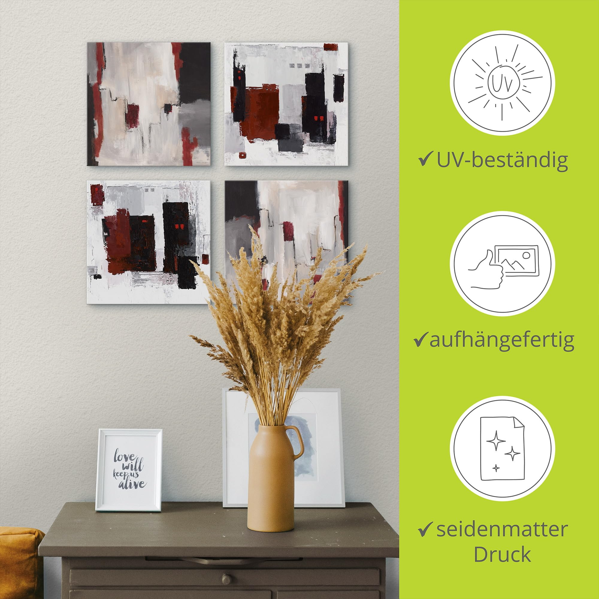 ARTLAND Wanddeko Leinwand Bilder auf Holz Wandbild Bild Set 4 teilig je 40x40 cm Abstrakte Kunst Malerei Modern Abstrakt Art Skandinavisch Rot Grau U1OD