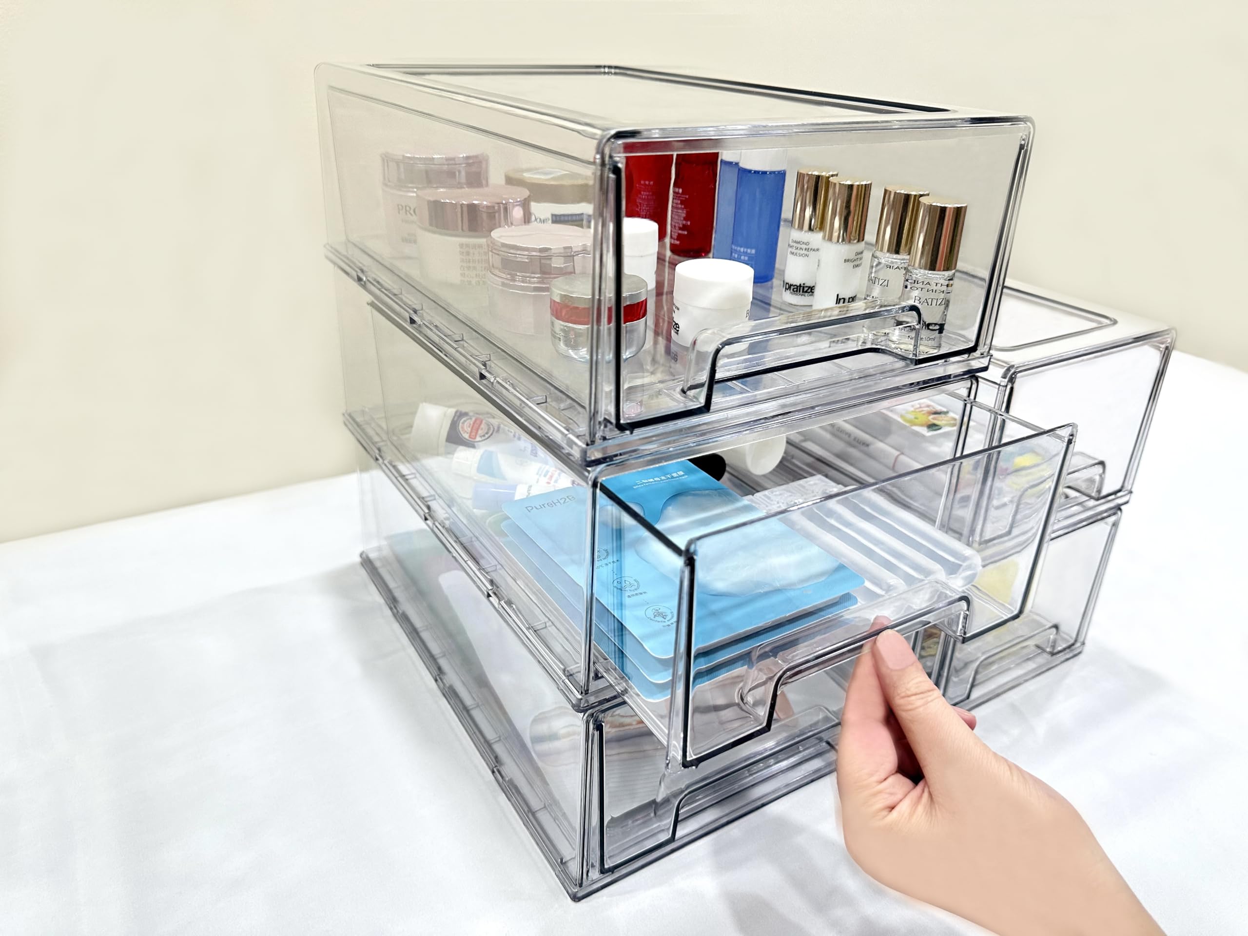 Cajones de almacenamiento apilables, organizador extraíble transparente con asas y almohadillas antideslizantes para cocina, refrigerador, escritorio de oficina, despensa y estantes, perfecto para 7