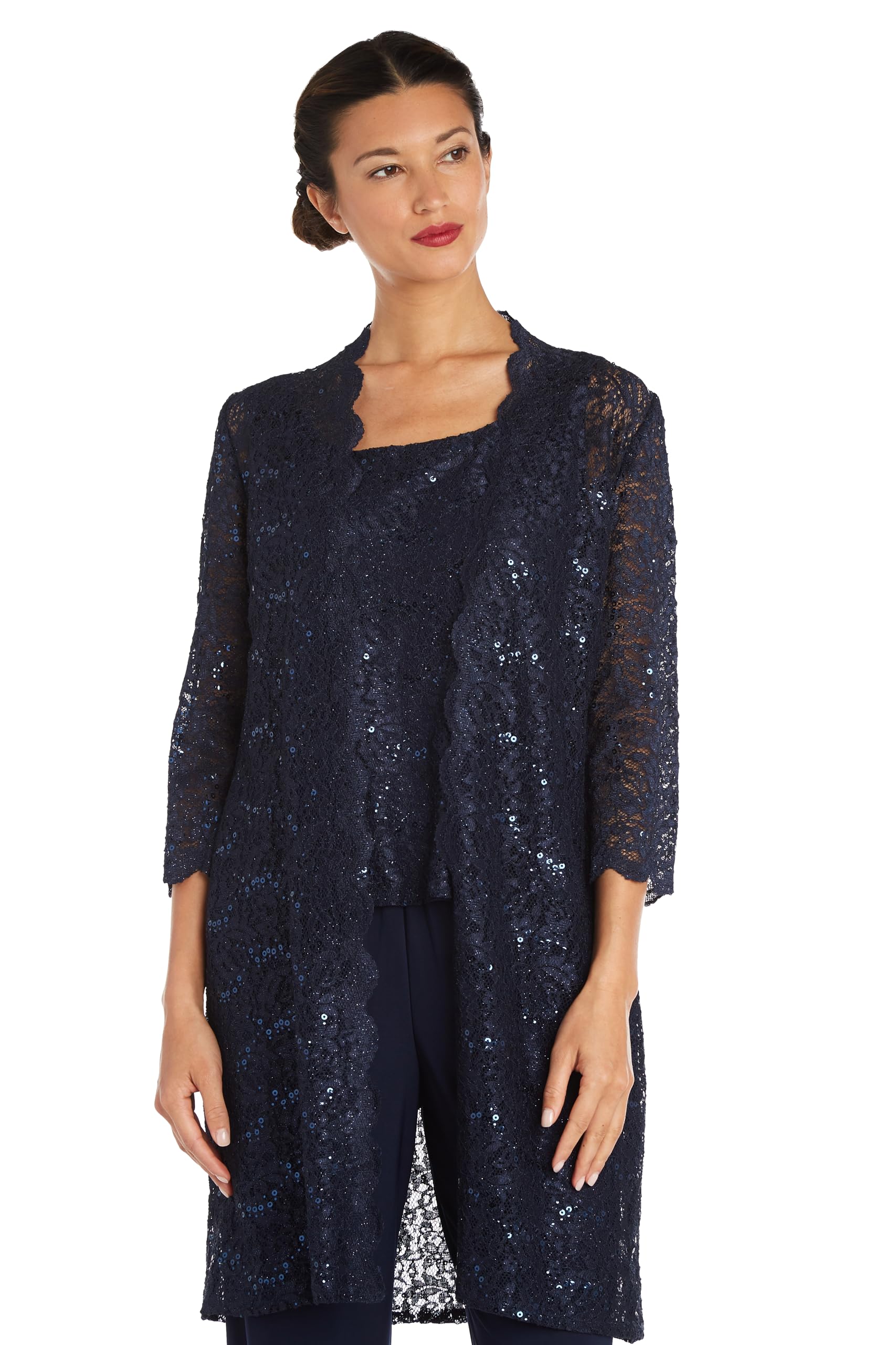 R&M Richards Damen Scallop Lace Duster Pant Set Business-Anzug Hosen-Set (3er Pack)