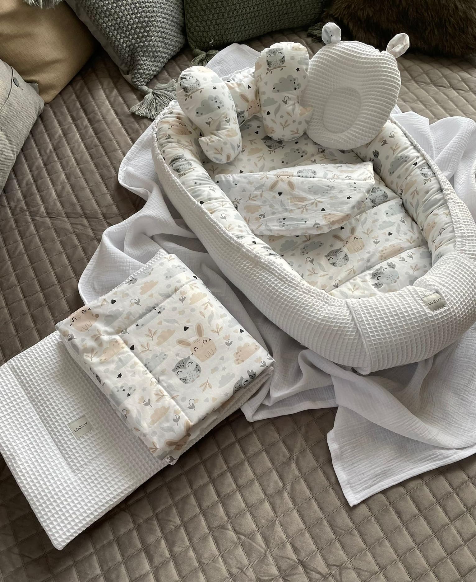 Paracolpi a nido d'ape/coniglio bianco beige per neonati, tappetino da viaggio per lettino da viaggio Solo/o, set regalo premium (paracolpi + coperta (80 x 100 cm) + materasso + 2 cuscini)