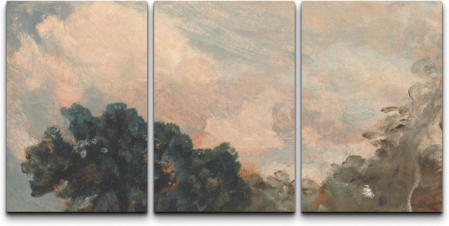 NWT Canvas Print Wall Art Set Watercolor Pastel Cloudy Sky Forest Tree Skyline Nature Wilderness Illustration Modern Art Decorative Minimalist Fine Art Botanical for Bedroom - 24"x36" x 3