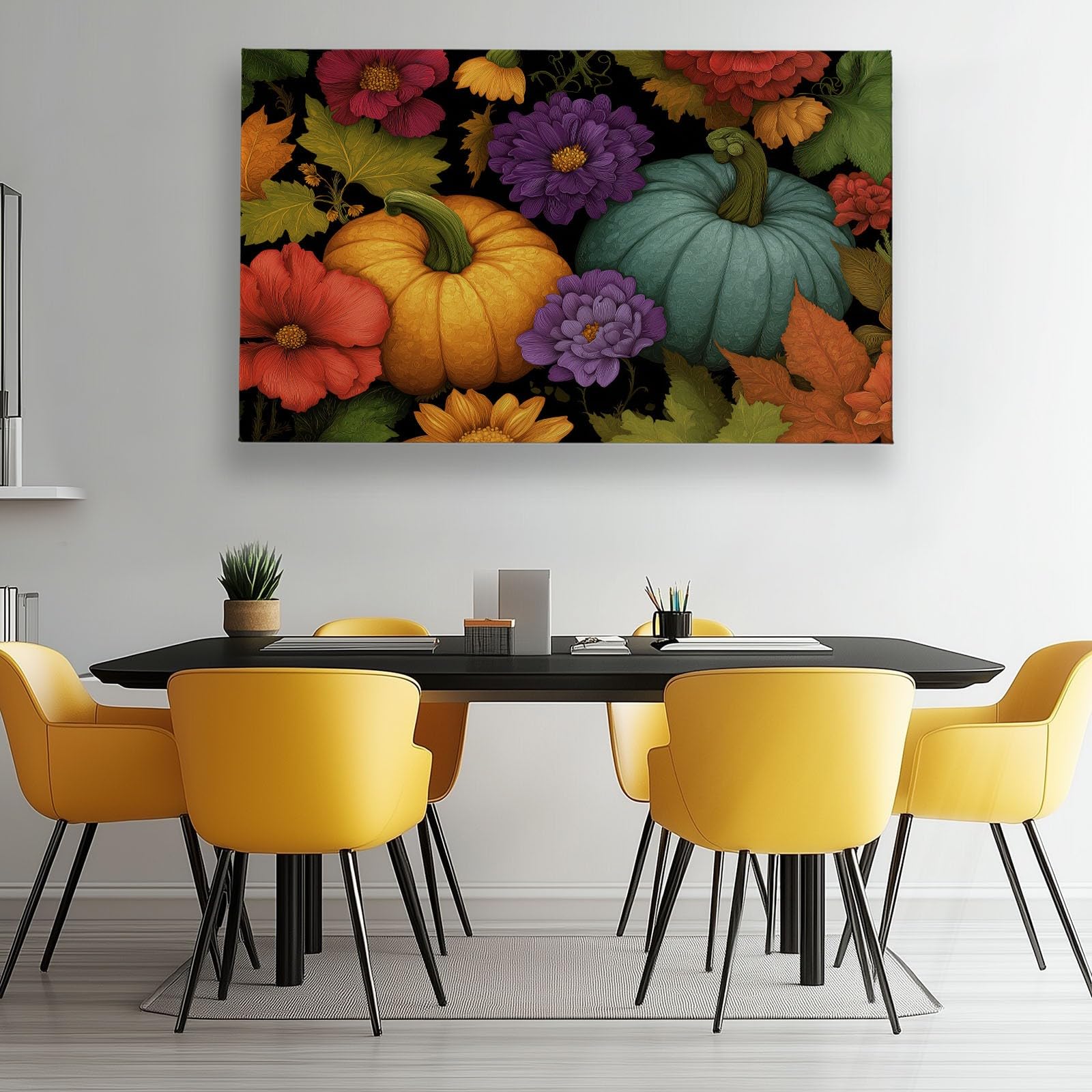 Generisch Herbstblätter Lebensmittel Kürbis Blumen Modernes Leinwandbild 120L x 60B cm mit Rahmen, Vintage XXL Wanddeko für Wohnzimmer Geschenk Idee Einzug - Hochwertiger Kunstdruck auf Holzrahmen