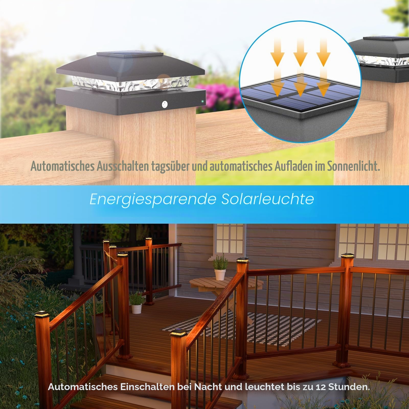 VOLISUN Solar Pfostenleuchten 10x10, Wasserdichte Solar Zaunpfostenleuchten für Außenbereich, Warmweißes Licht, 12 Stück
