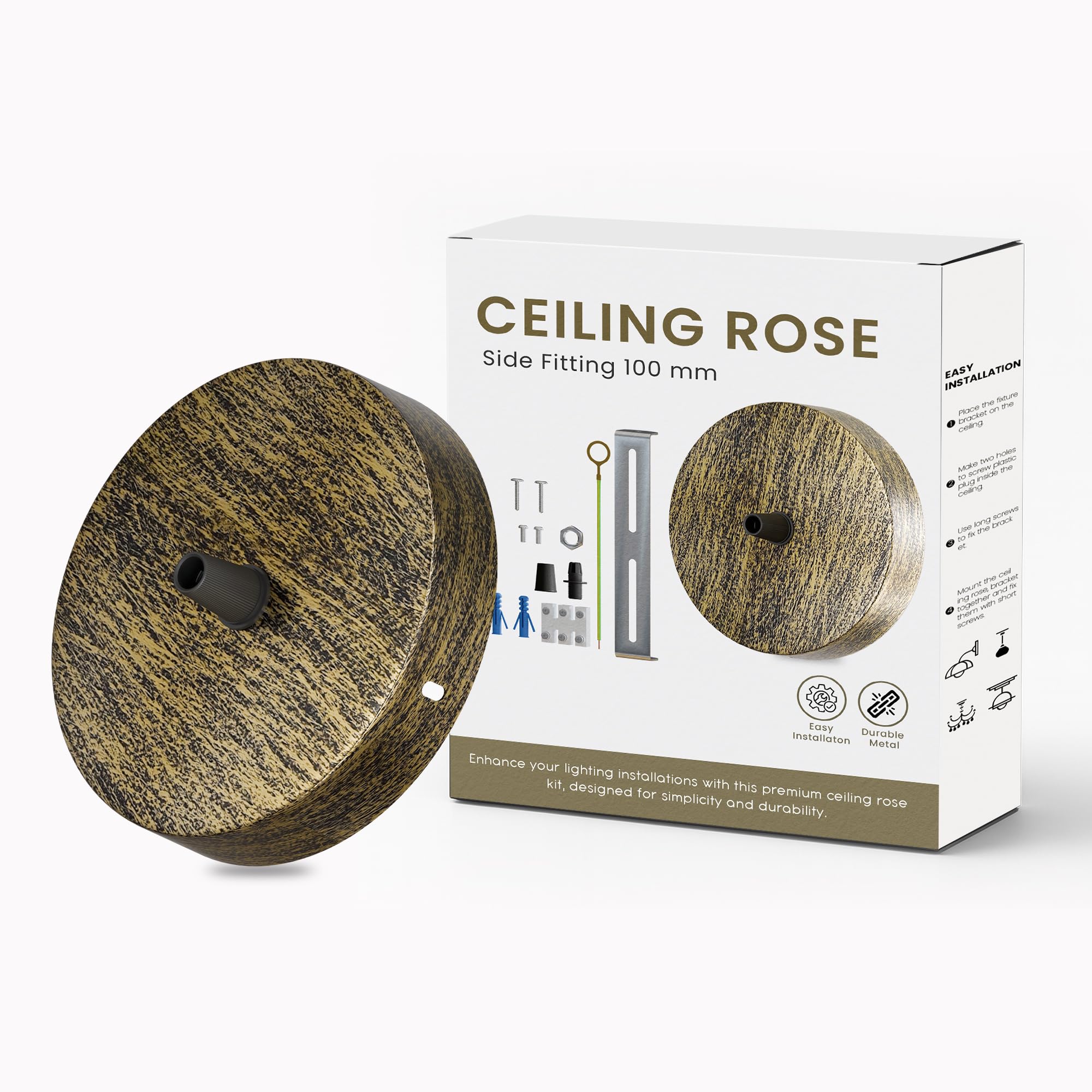 LEDSone Brushed Brass Ceiling Rose 100mm Single Outlet Side Entry Pendant Light Ceiling Plate Modern Decorative Metal Ceiling Mount with Concealed Wiring Easy Install for Hanging Pendant Lamps