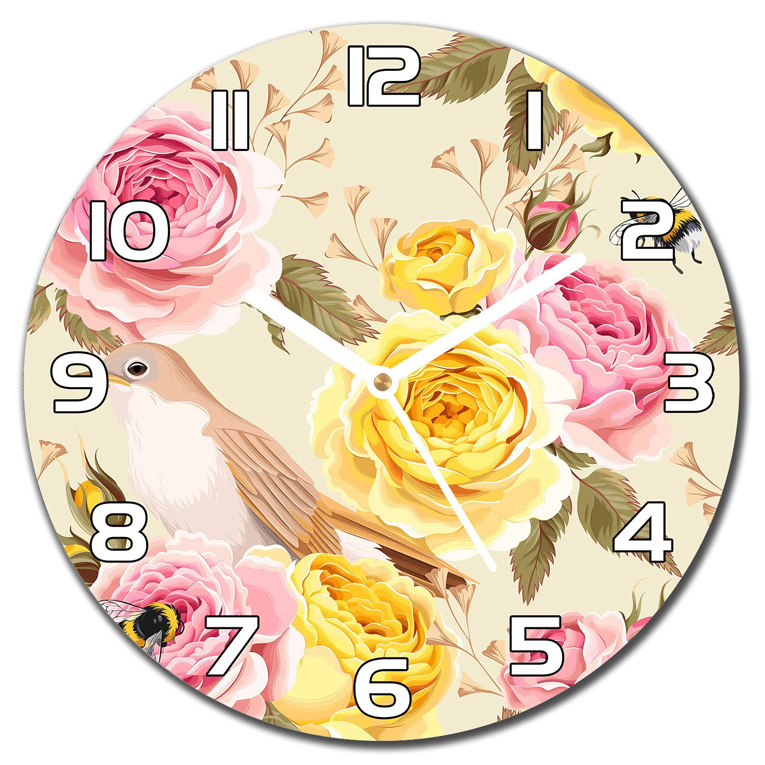 Horloge murale cuisine et salon en verre haut de gamme impression roses anglaises
