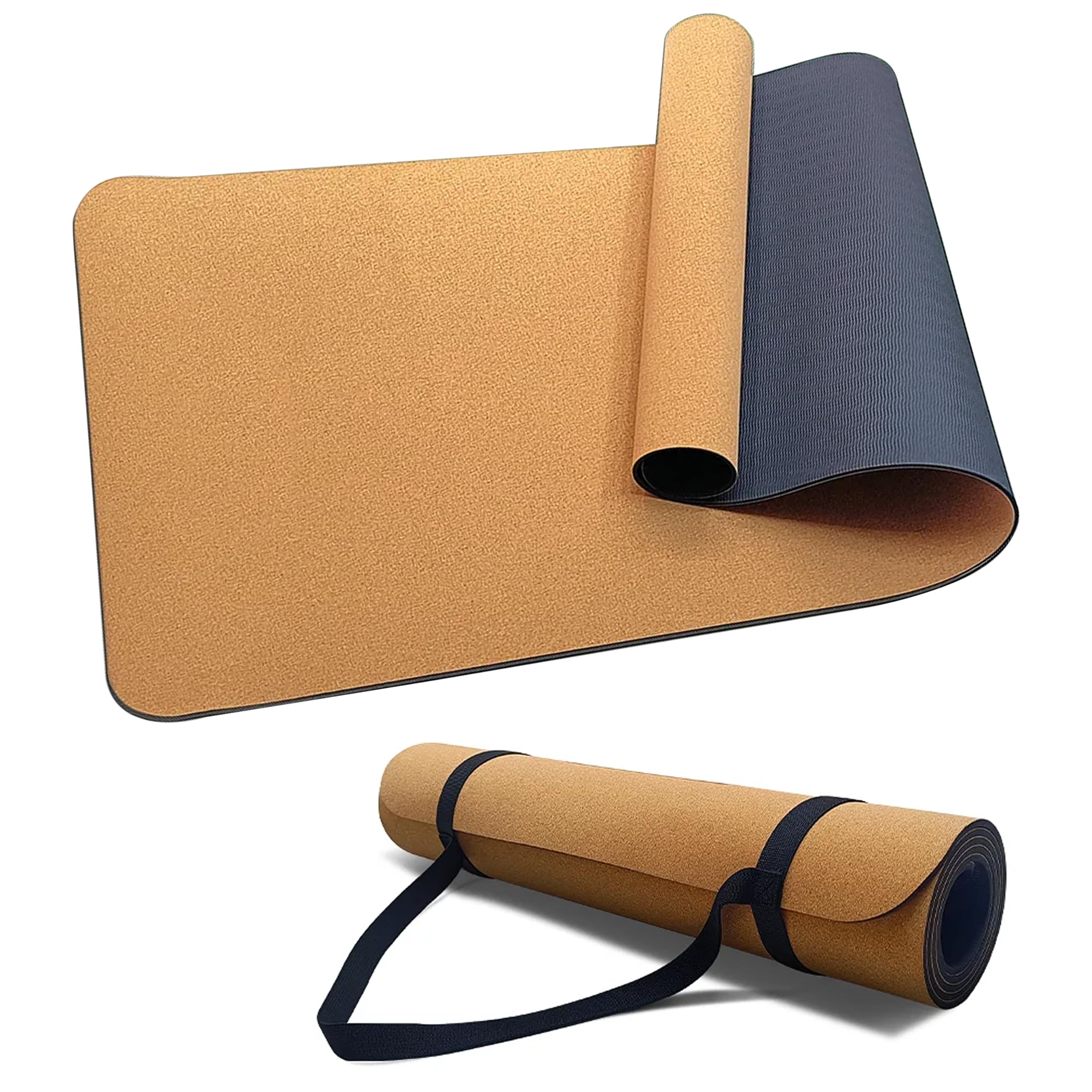 Esterilla Yoga de Corcho Natural y TPE 183x61x0.5cm - Esterilla de Yoga Antideslizante Gruesa, Colchoneta Ecológica Portatil Ligera Correa incluida
