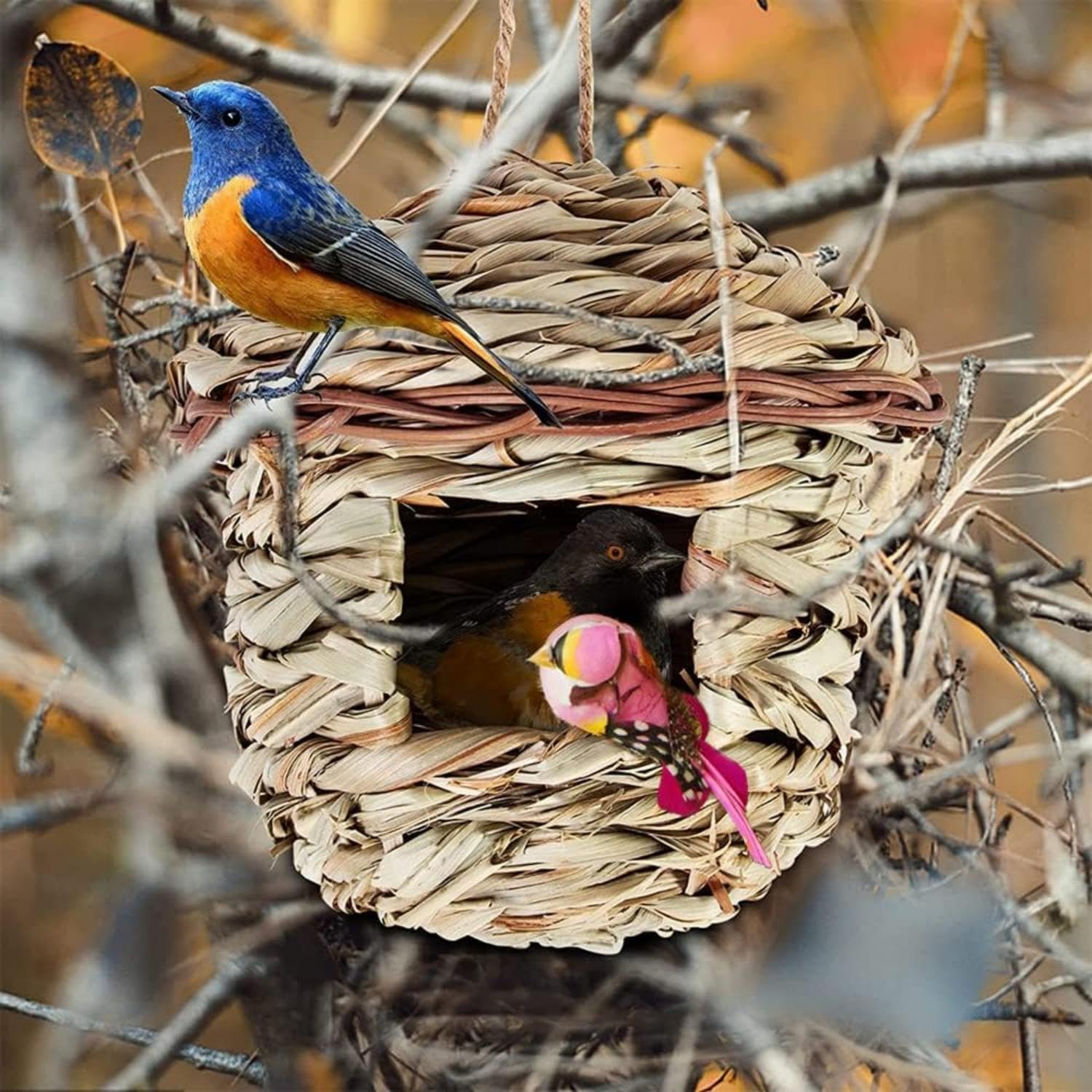 Nichoir Oiseaux Tissé à la Main, 2 Pièces Nichoirs pour Oiseaux Tissés à la Main, Nid D'Oiseau Fait À La Main, Nid Oiseau Fait à La Main pour Mésanges Charbonnières, Rouges-Gorges (Des billes, B)