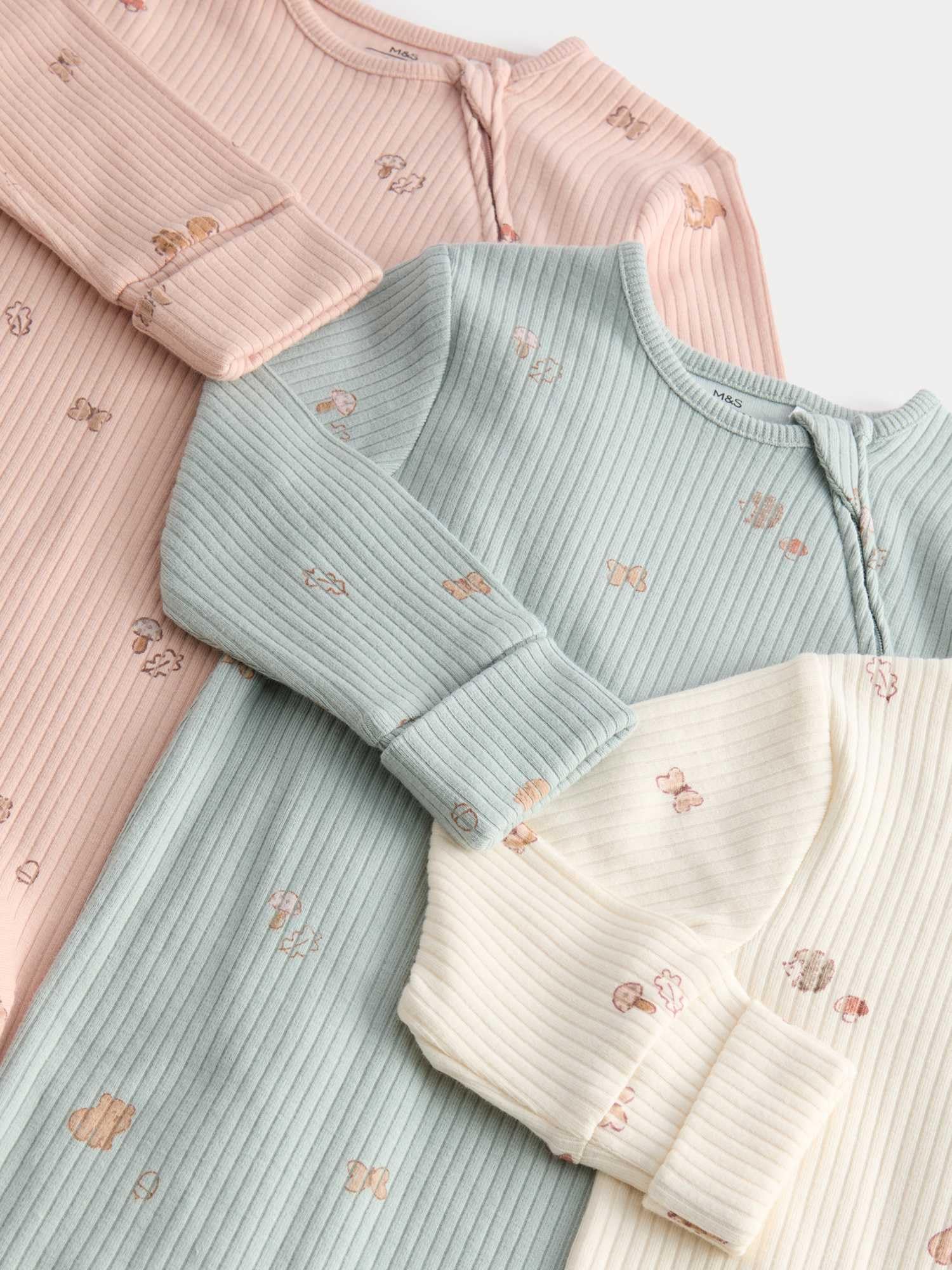 Marks & Spencer Grenouillères Bébé Lot de 3 Imprimé Forêt, Mixte Garçon et Fille, 100% Pur Coton, Coupe Standard, avec Stretch