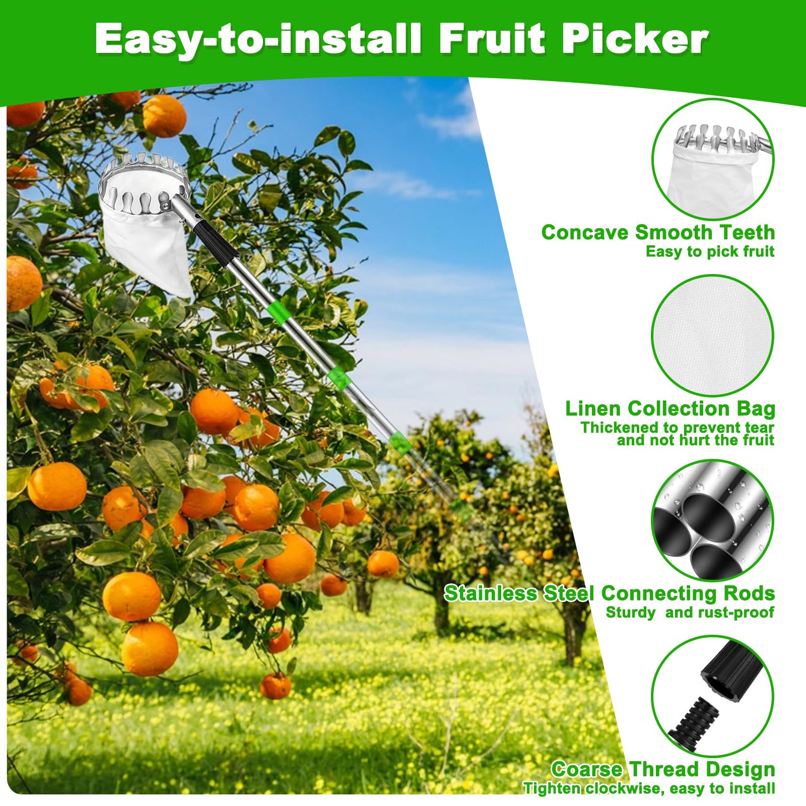 Recoge Frutas Telescópico 2,8 m con Varillas Extensión y Bolsa de Tela, Recogedor de Frutas Acero Inoxidable Ligero, Herramientas Recolectoras Manzanas Ajustable para Naranjas, Cítricos, Cereza, Mango