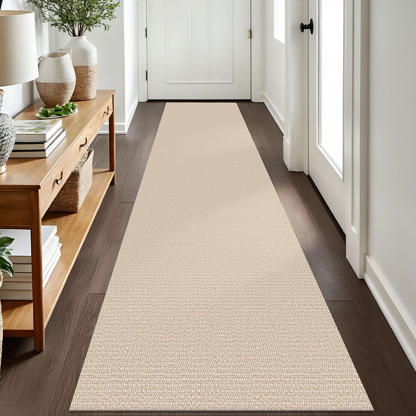 EARTHALL Washable Runner Rug 2x8 Ft Non Slip Runners for Hallways Cotton Rubber Backed Kitchen Runner Braided Indoor Floor Carpet Runners for Entryway, Hallway, Kitchen, Bedroom, Beige/White