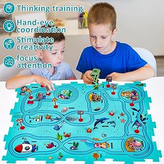 25PCS Puzzle Racer Kids Car Track Set, Rail Car Puzzle Track Ocean Themed Series, Puzzle Track Car Play Set, Toddler Puzzle Track Car, Educational Puzzle Toys Gifts for Kids Boys and Girls