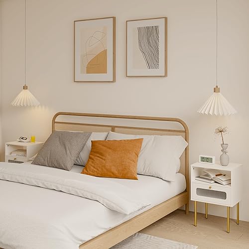 Miniatura 7 de Mesita de noche, mesa auxiliar moderna blanca con cajón de almacenamiento y estante de madera abierto, mesa auxiliar pequeña con puerta decorativa