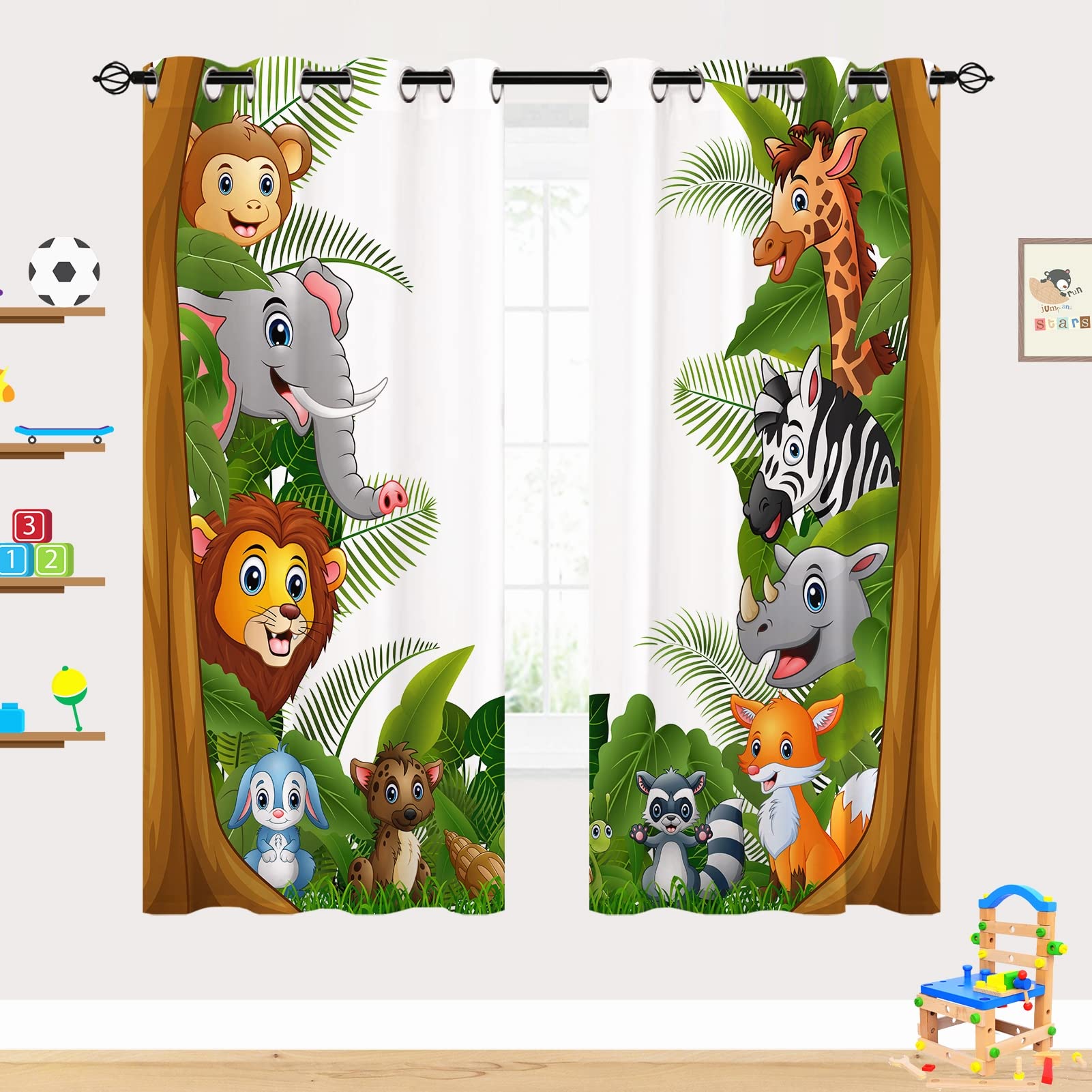 YUANZU enfants rideaux - garçons filles Jungle forêt animaux Zoo motif imprimé oeillet Blackout rideaux pour bébé chambre à coucher salle de jeux 2 panneaux W75cm x D166cm