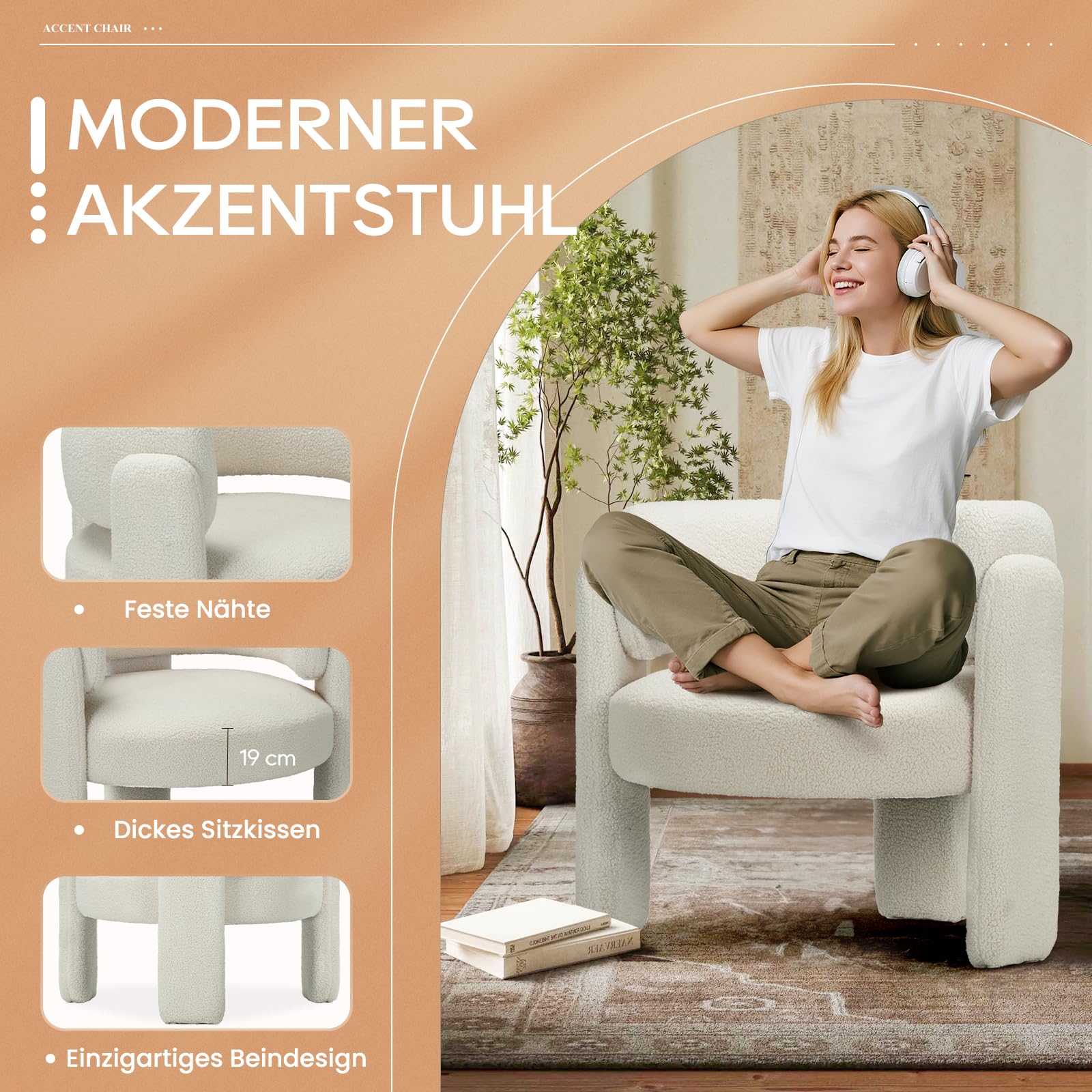 COLAMY Modern Velvet Ohrensessel, Gepolsterter Sessel Wohnzimmer, Bequemer Runder loungesessel mit 3 Beinen für Wohnzimmer, Schlafzimmer, Leseecke, Creme