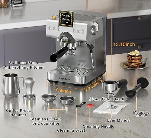 Miniatura 9 de Máquina de café expreso de 20 barras con espumador de leche de vapor, cafetera de café espresso de acero inoxidable con pantalla LED, cafetera fría