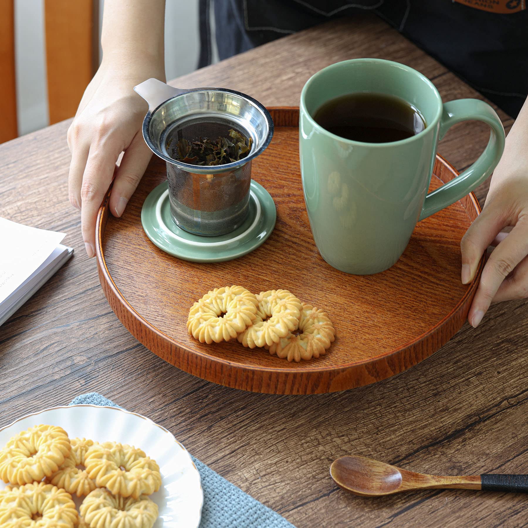 ComSaf Taza de té de cerámica con infusor y tapa, taza de porcelana grande de 16 onzas con filtro de té para hojas sueltas de té/bolsa de té, taza de té para oficina, hogar, verde