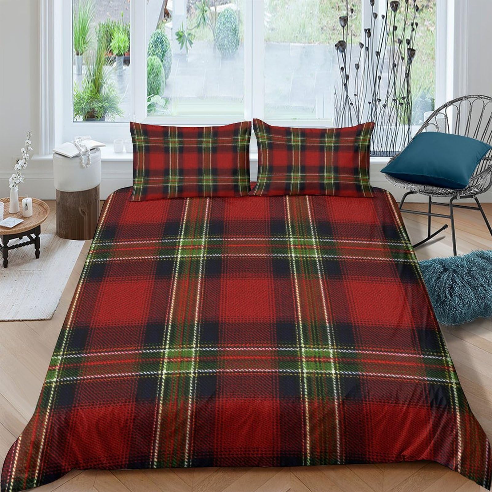 GPLZQXKJNH 3D Printed Red Tartan Plaid Duvet Cover Set Microfiber Soft Breathable with 2 Pillowcases for Bedroom Home Decor Single（135x200cm）