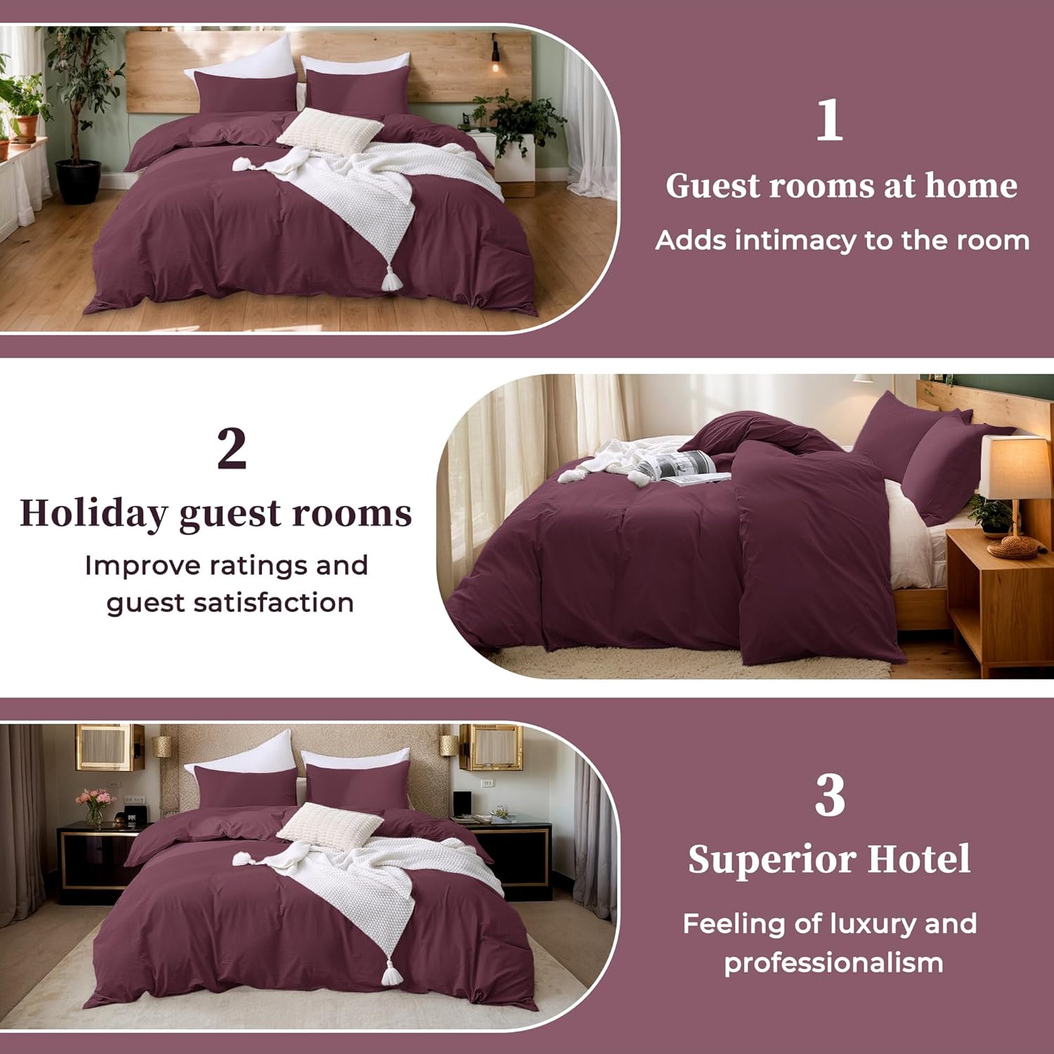 ATsense Duvet Cover King Size, 100% Washed Cotton, Linen Feel, Burgundy Comforter Cover, 3 Pieces Bedding Set, Soft and Breathable, Premium Luxury Hotel Style, Farmhouse Style