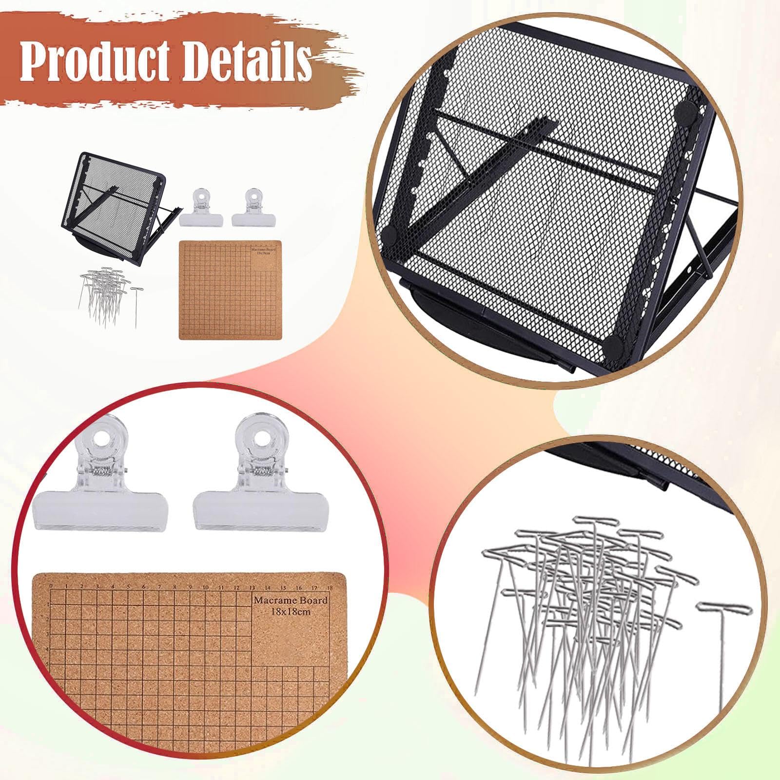 Ensemble de Planche à Macramé avec Support, Grilles Double Face, Accessoires Décoratifs et épingles en T Réutilisables, Support Noir