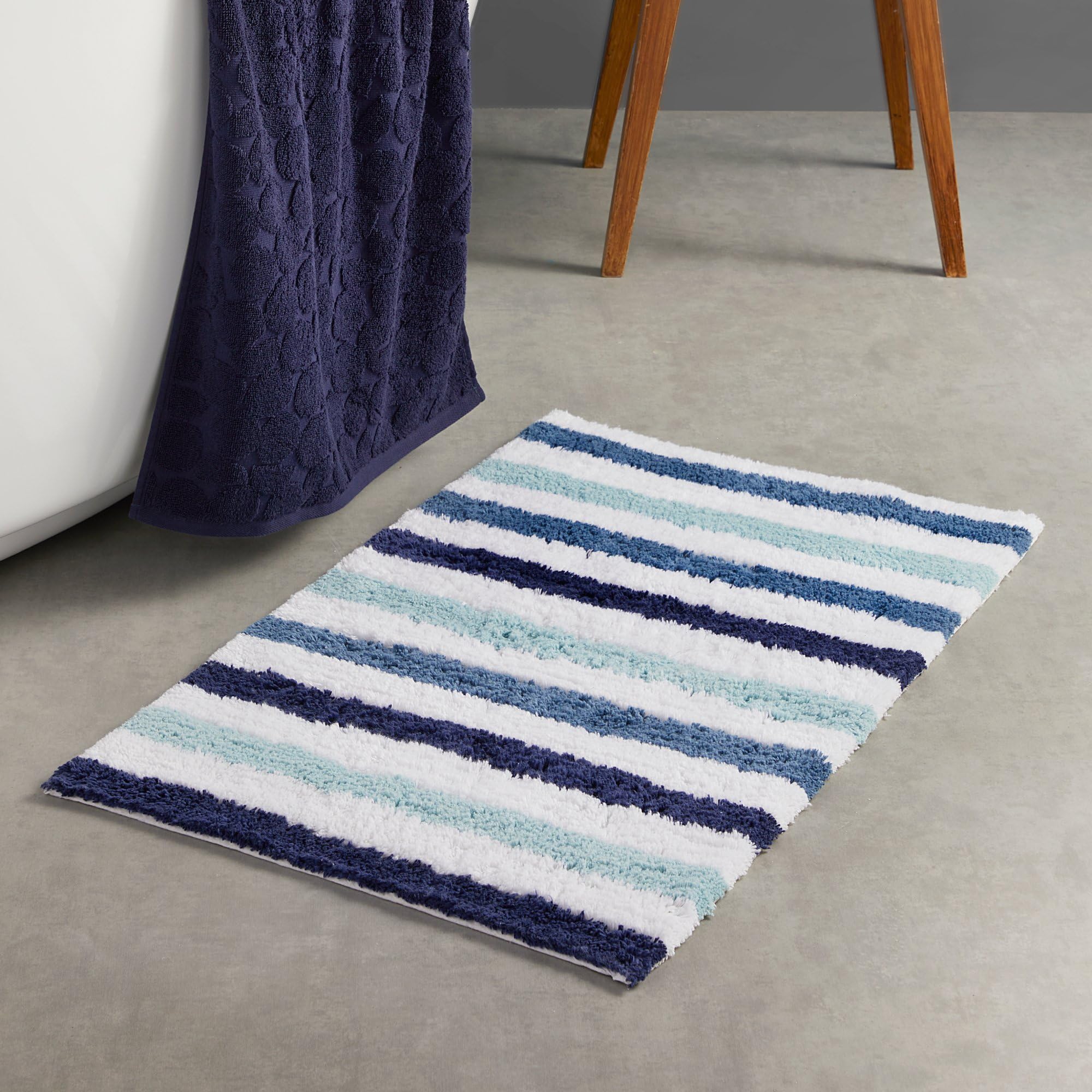 Fusion Blue Nautical Bath Mat - 100% Cotton, Absorbent, 50 x 80cm - White & Blue Stripe Bathroom Accessory - Carlson Collection