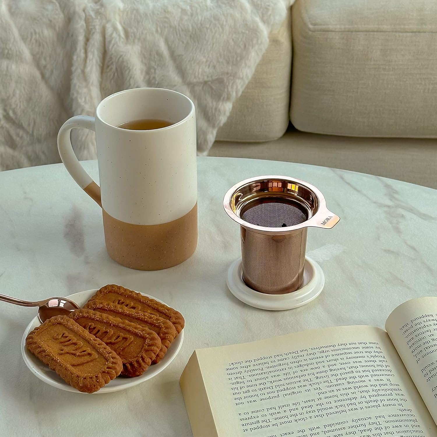 Mora 12oz Ceramic Tea Cup with Infuser, Spoon, Lid - Microwave & Dishwasher Safe - Image 7