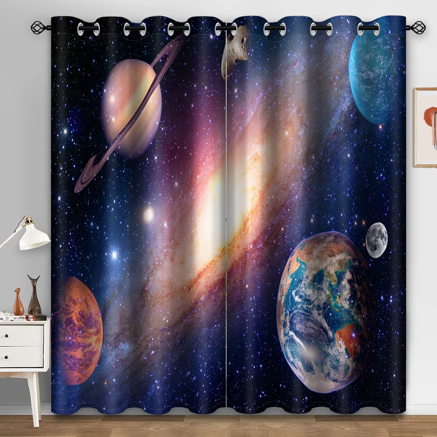 Aimego Galaxy Blackout Curtains for Boys Room - Room Darkening Curtains Outer Space Universe Nebula Starry Solar Planet Window Drapes Decor for