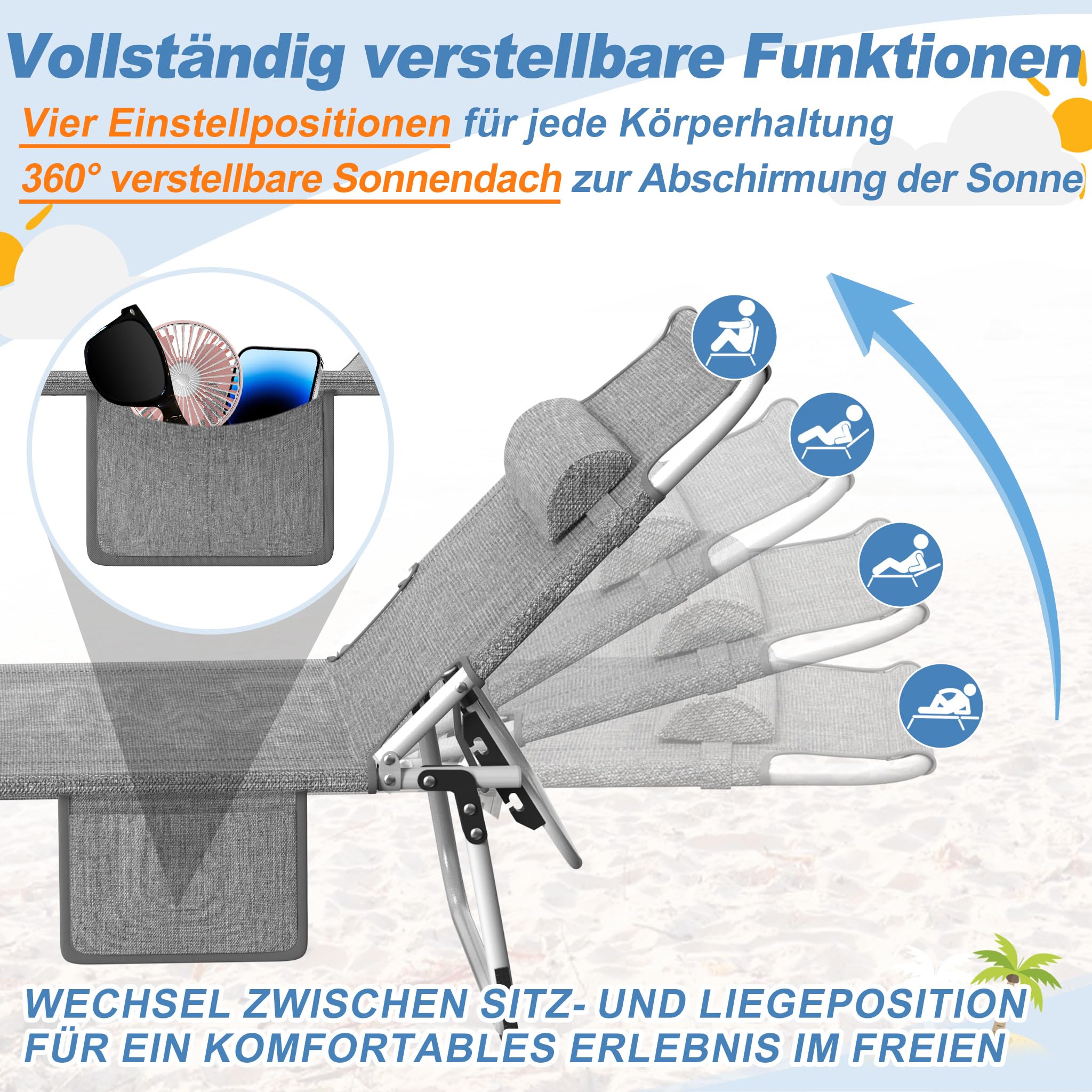 FIVMEN Sonnenliege mit Dach Strandliege Gartenliege Klappbar mit Kopfkissen & Seitentasche & Verstellbare Rückenlehne Sonnenschutz Liegestuhl Gartenstuhl Relaxliege für Strand Garten, Grau