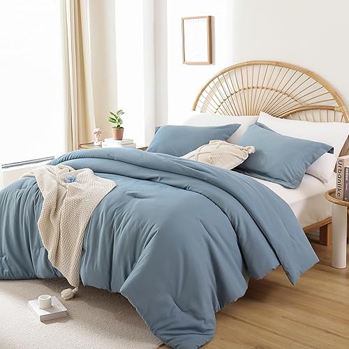 Miniatura 2 de JANZAA Juego de edredón Queen de 7 piezas de cama en una bolsa, edredones de color azul mineral con sábanas de microfibra, fundas de almohada,