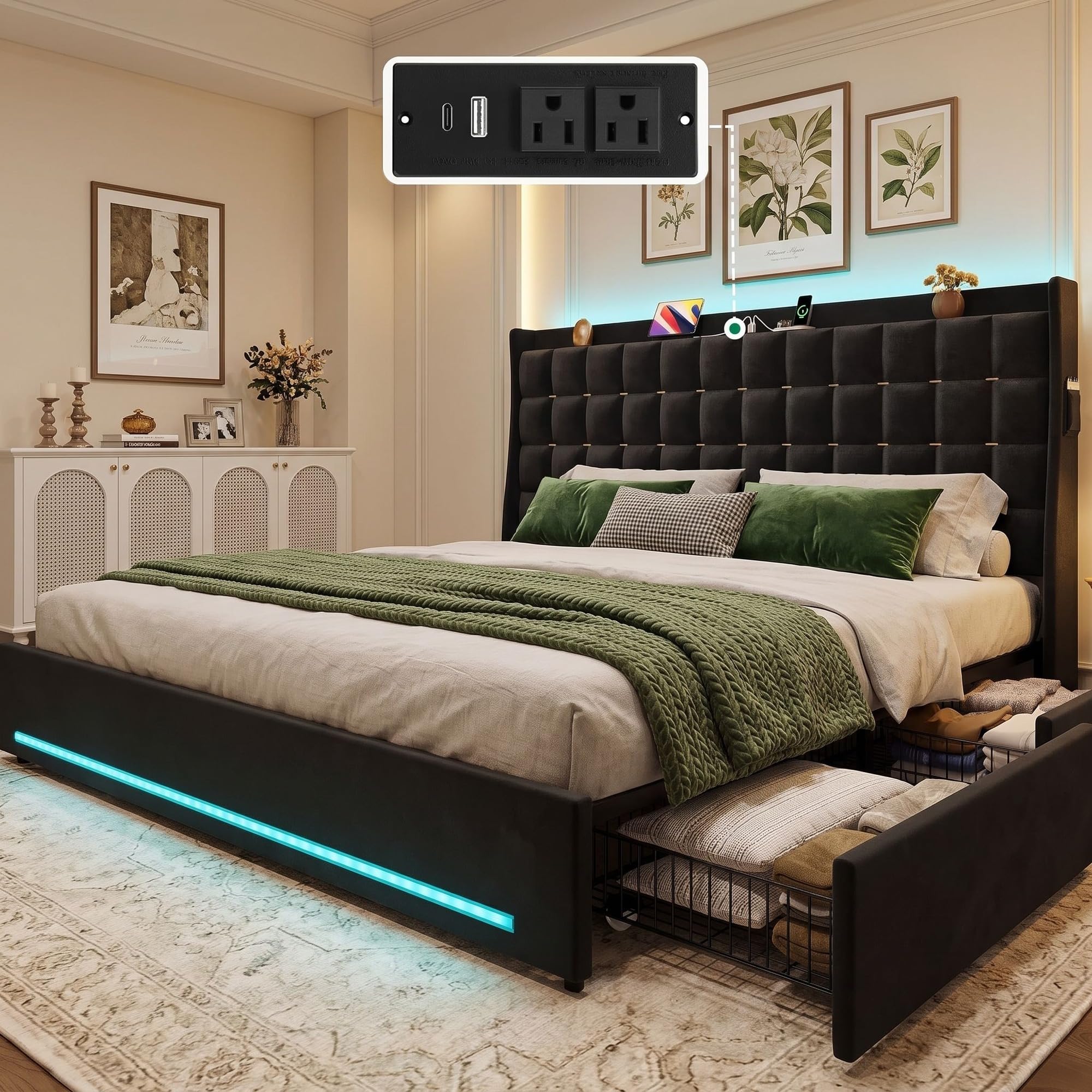 YITAHOME King Size Bed Frame, 4 Drawers and RGB LED Light,Charging Station