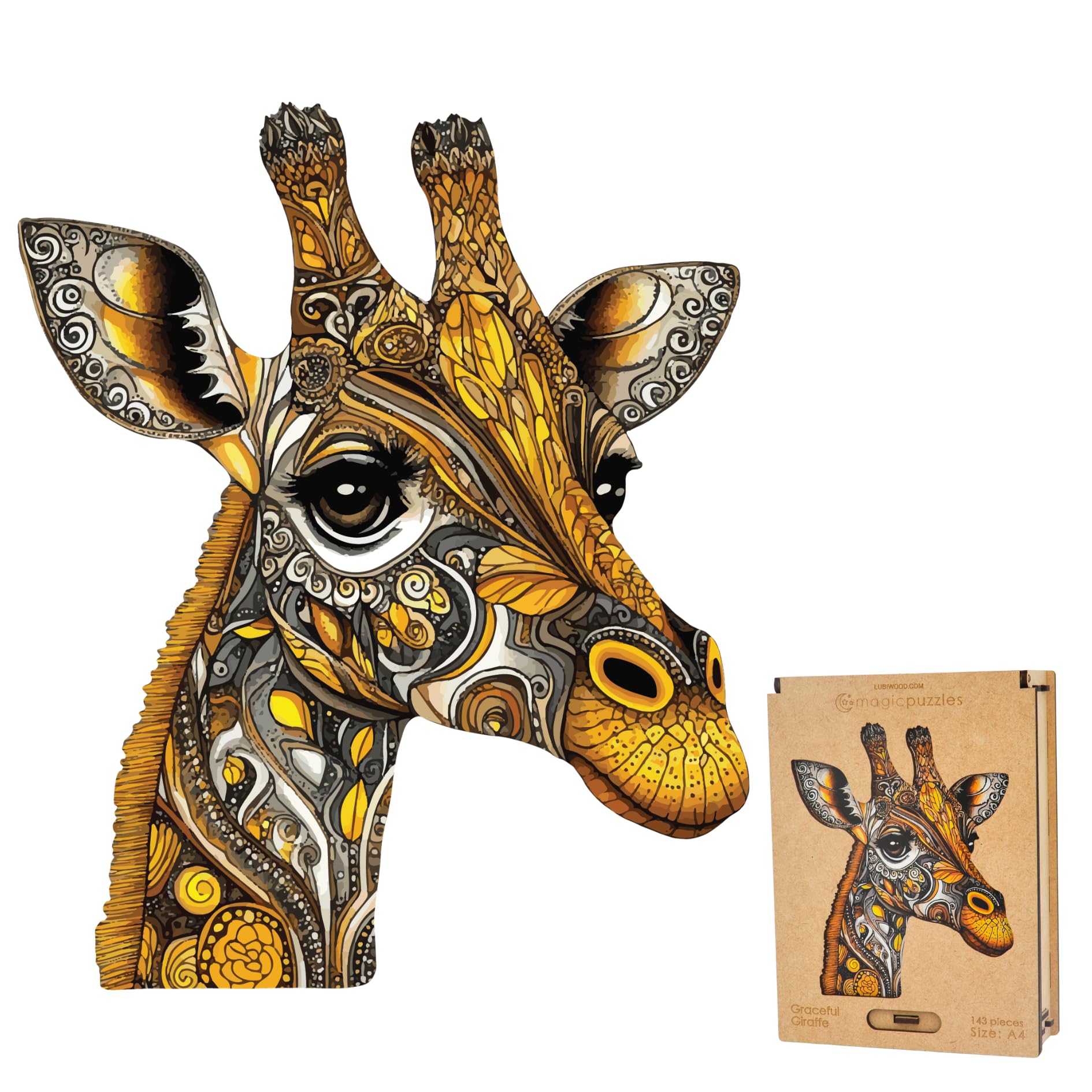 Lubiwood Unique Shaped Graceful Giraffe Wooden Puzzle (30x25 cm) - 143 Intricate Pieces, Includes Wood Gift Box - An Ideal Engaging Gift