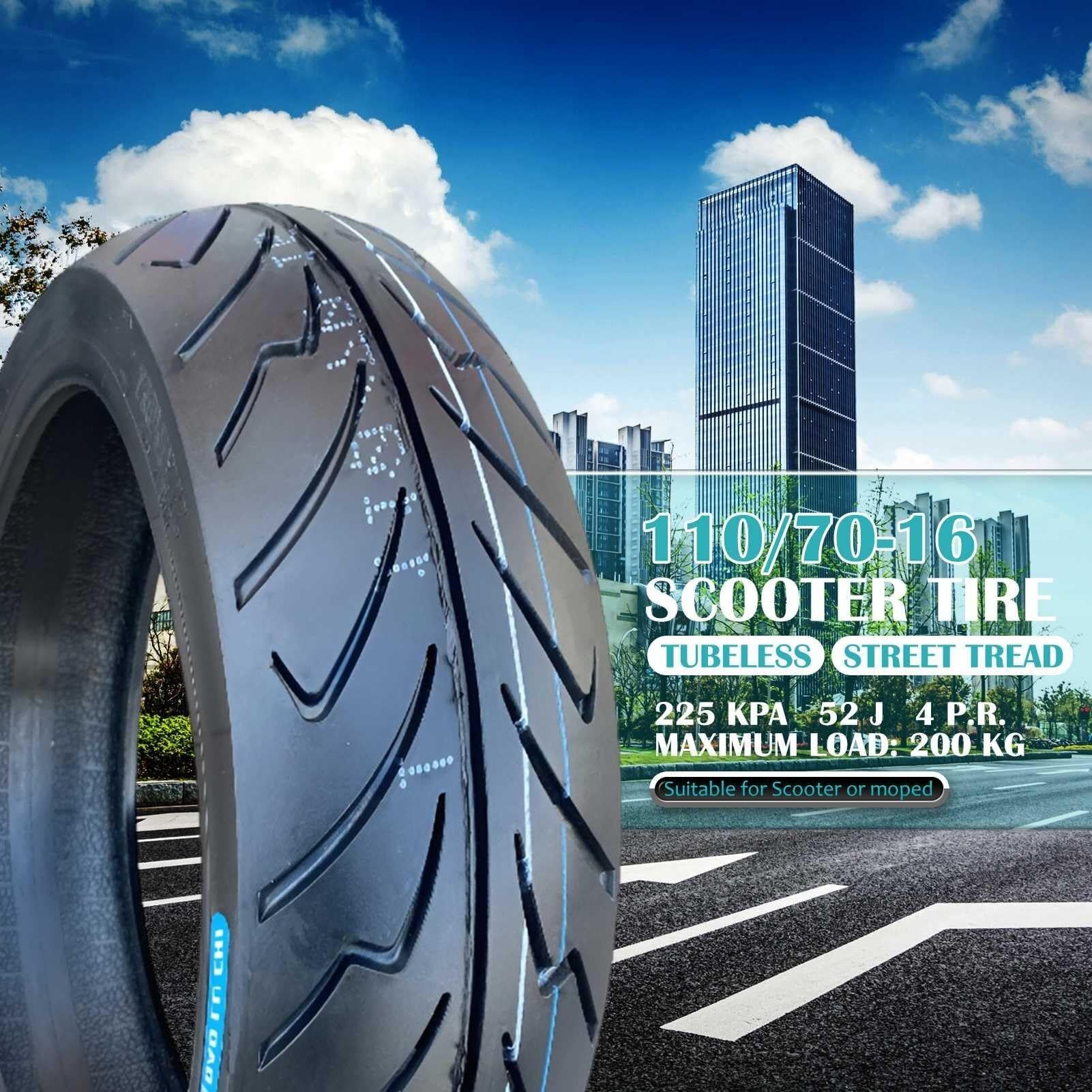110/70-16 Opona Motocyklowa Bez Wewnętrznej Rury 4 P.R. 52J | Dla Przedniego i Tylnego Koła | Niski Opór Toczenia, Odporna na Przebicia i Zużycie | Maksymalna Ładowność 200 kg