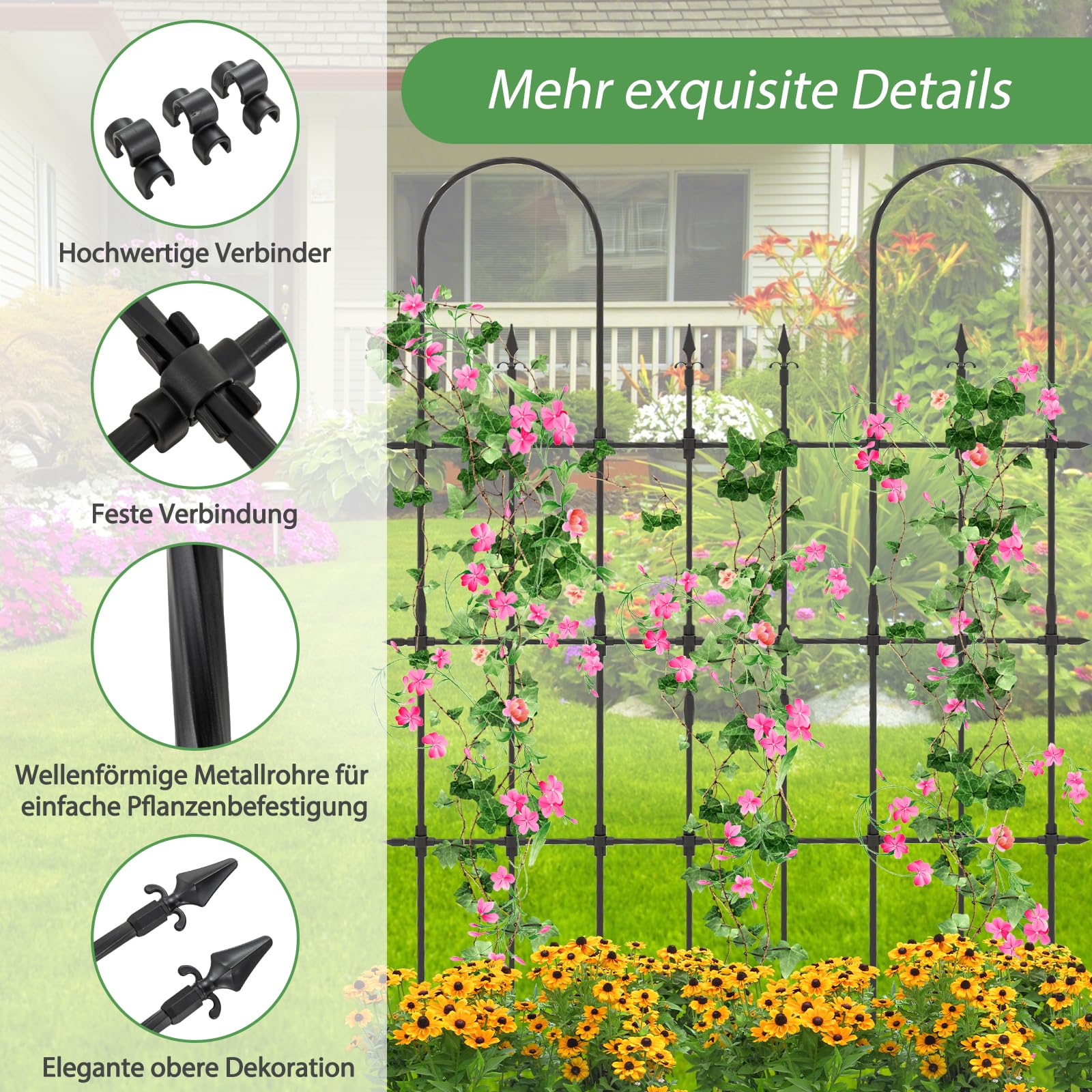 RELAX4LIFE Rankgitter Metall, 146 x 186 cm, Rankhilfe Garten, Gartenspalier für Kletterpflanzen, U-förmiges Spalier zum Stecken, Rosengitter rostfrei für Rosen, Efeu, Tomaten, Gartenzaun deko, Schwarz
