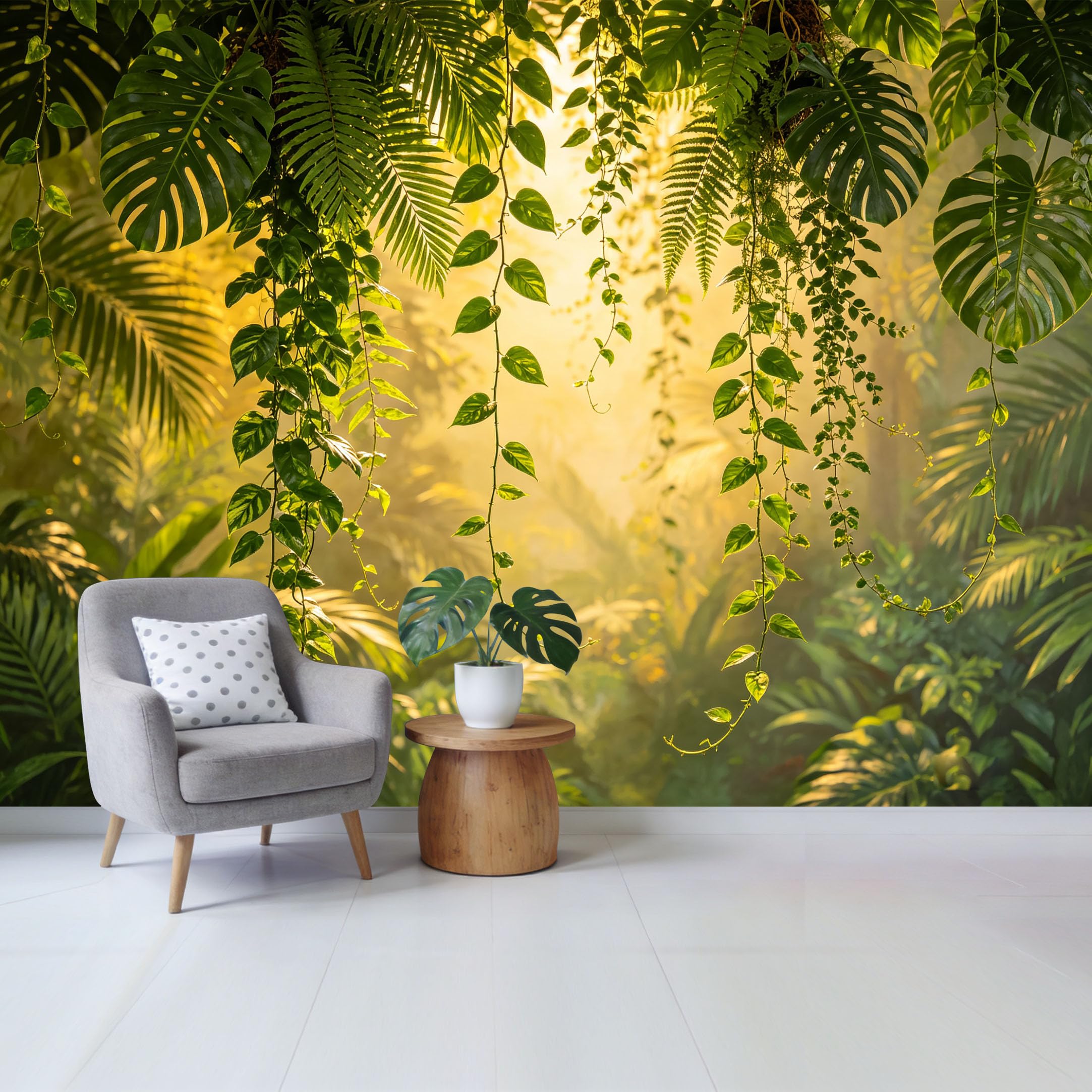 Qzlithotic Yq2605250021 Custom Size Wall Mural Tropical Monstera Leaves Sunlit Rainforest Botanical Scene Selfadhesive Wall Fabric Removable Wallpaper For Home Office Decor