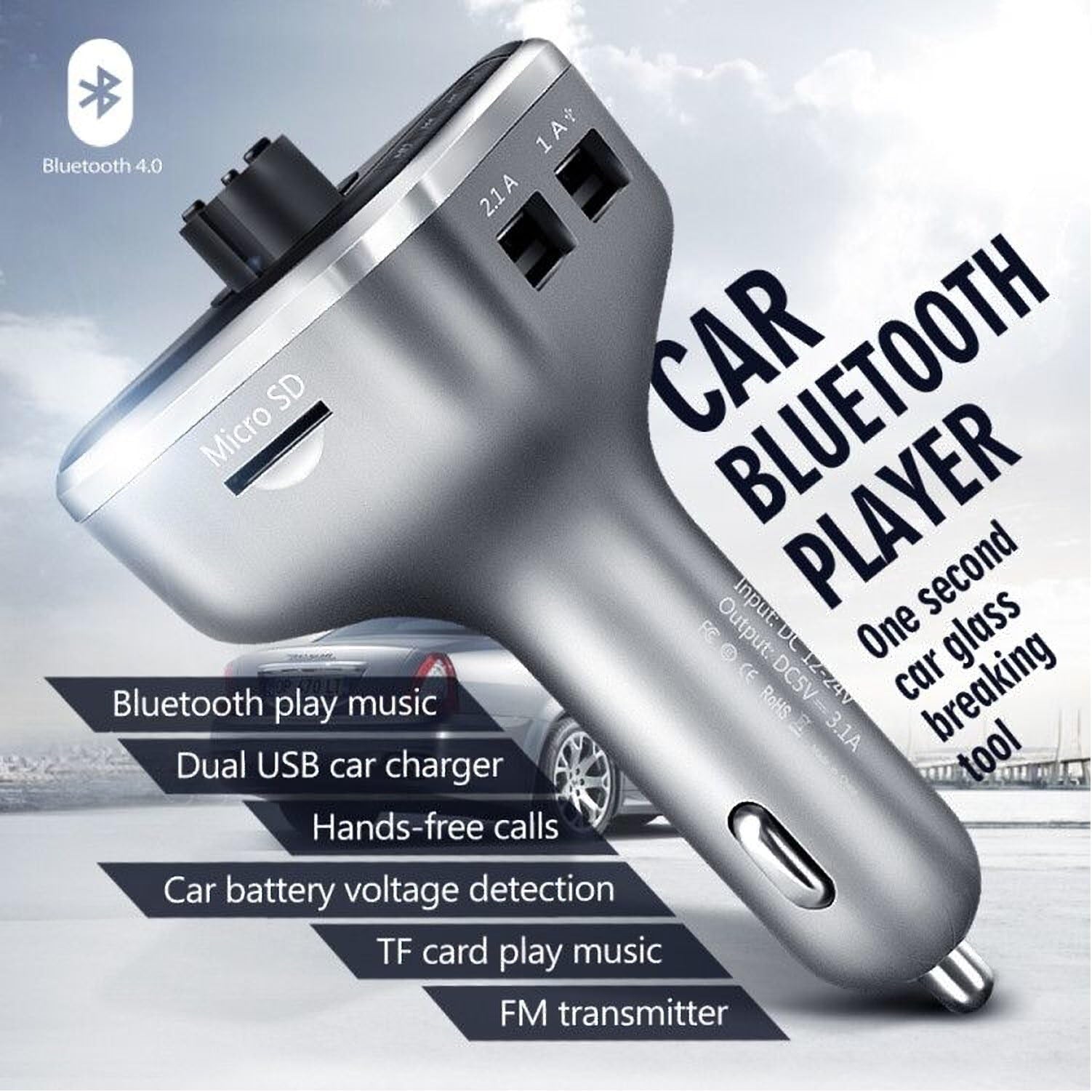 TheThousandStore All in One Car Charger with Bluetooth FM Transmitter Voltage Detection Micro SD Card USB Reader (Silver)