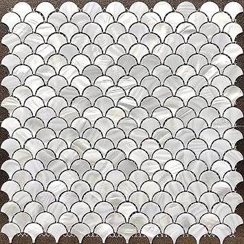 MOP White Fish Scale Mother of Pearl Backsplash Tile 12x12 Inch 1 Sheet | Iridescent Scallop Seashell Mosaic Fan tiles for Kitchen and Bathroom Wall