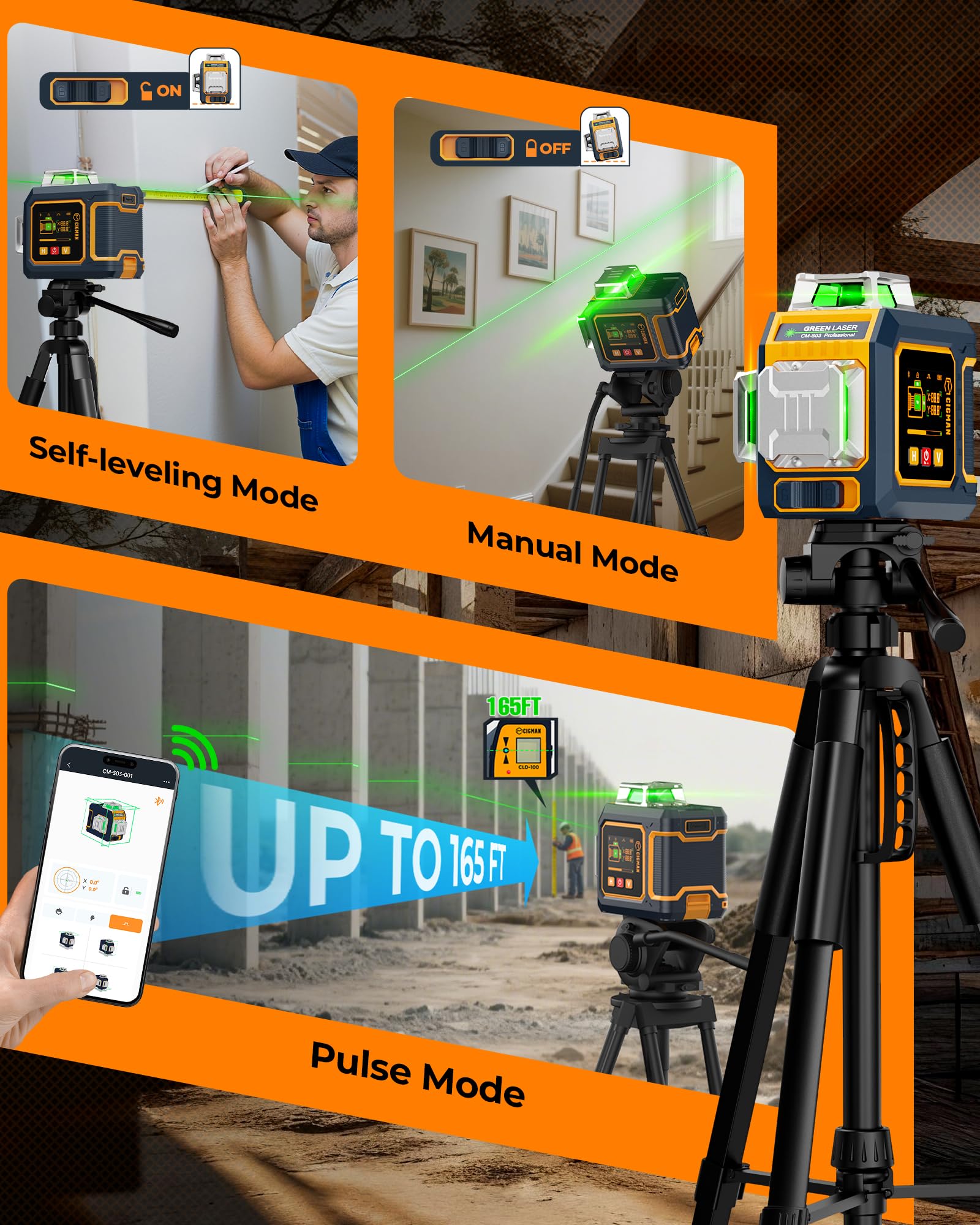 CIGMAN Niveau Laser 360 Autonivelant 3x360°, Laser Vert Chantier avec Grand Écran LCD Latéral, Contrôle APP Bluetooth, Support Magnétique en L, 2 Batteries Li-ion, Laser Niveau