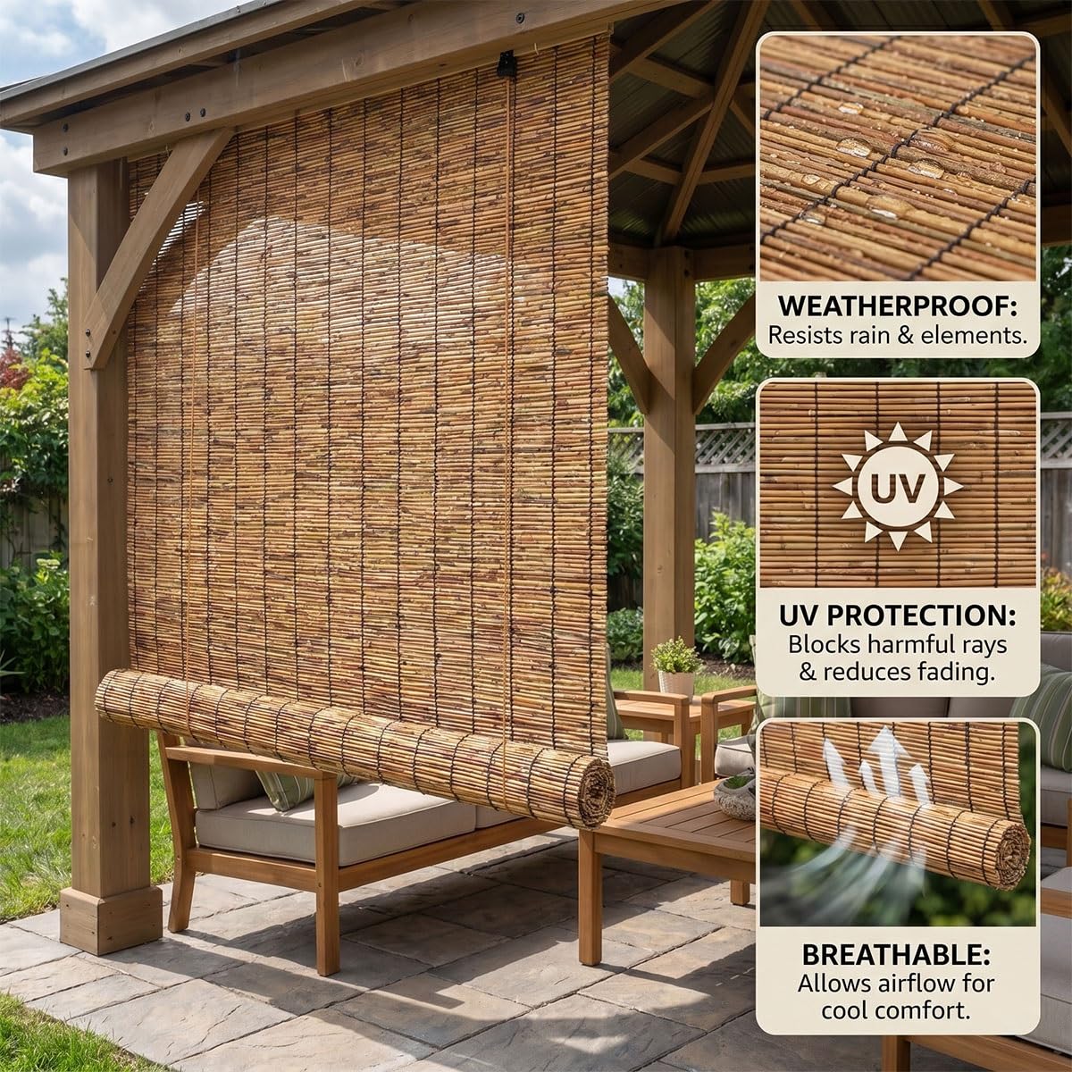 Bambusrollo Outdoor Wetterfest, Natur Bambus Rollo mit Lifter, Sichtschutz Balkon Bambus, Sonnenschutzrollo Außen für Garten, Schilf Vorhang Aussenbereich, Verdunkelung(Natural,100W x 120H cm)