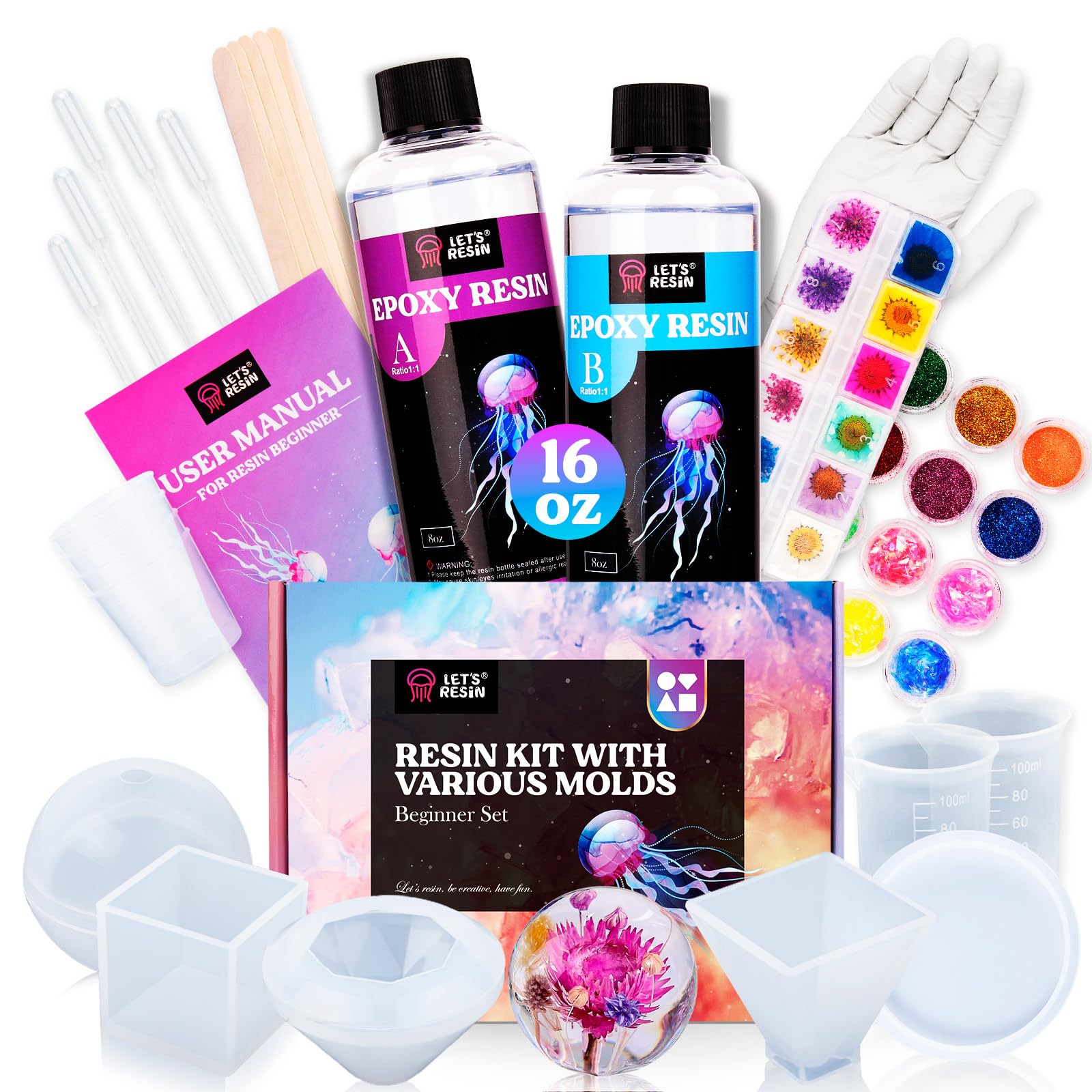 LET'S RESIN Epoxy Resin Kits for Beginners with Moulds, 500ml Epoxy Resin Crystal Clear Kit with Sphere, Cube, Pyramid, Square, Round Resin Moulds