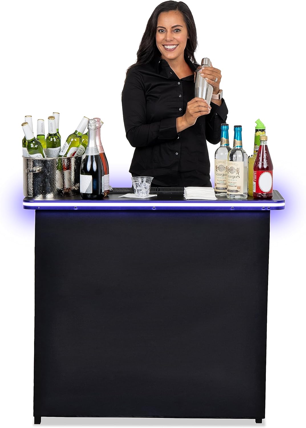 GoBar Portable Bar Table for Events - Black, 3 Skirts, or LED - Pop Up Mobile Bartending Station with Travel Carrying Case