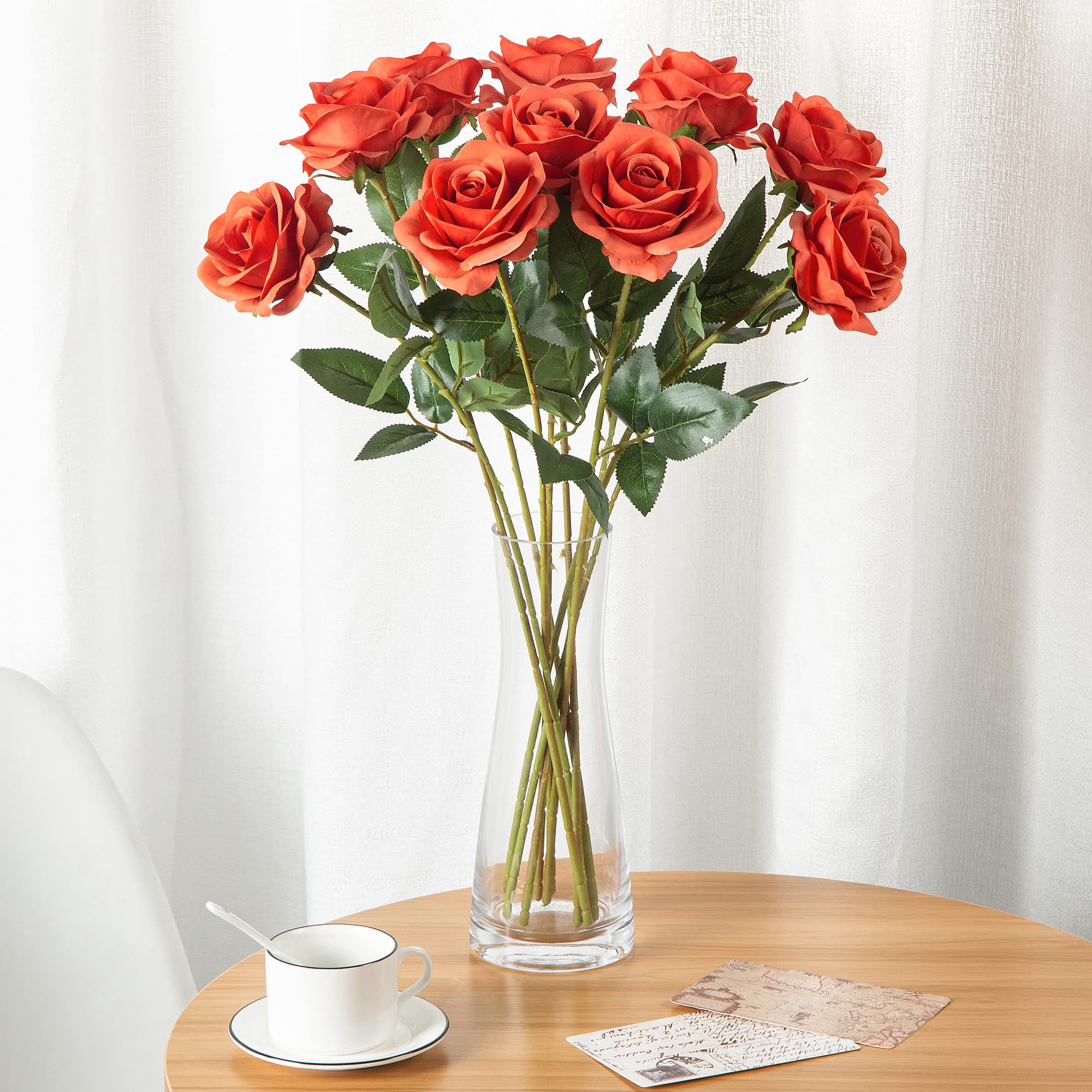 DuHouse 10Pcs Artificial Roses Fake Silk Flowers Realistic Bridal Bouquets with Single Long Plastic Stems for Arrangement Wedding Table Centerpiece Party Home Decor(Coral) - Image 4