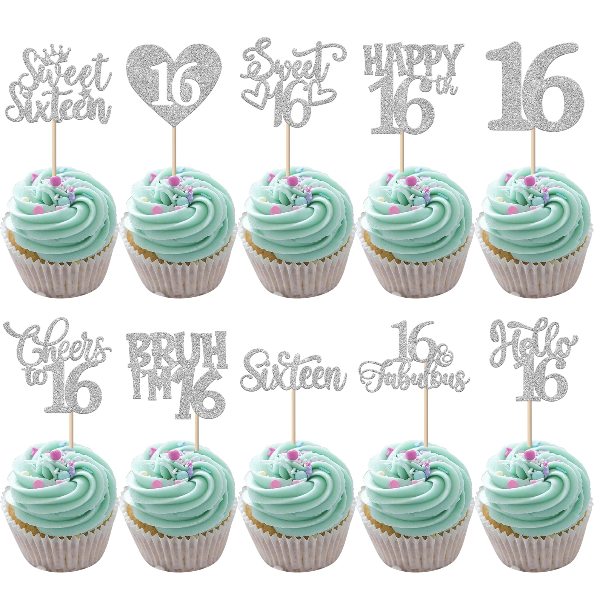 30 Pack Happy Sweet 16th Birthday Cupcake Toppers Silver Glitter Cheers to 16 Sixteen Bruh I'm 16 Happy 16th Cupcake Picks Decorations for Sweet 16th Birthday Party Cake Decorations