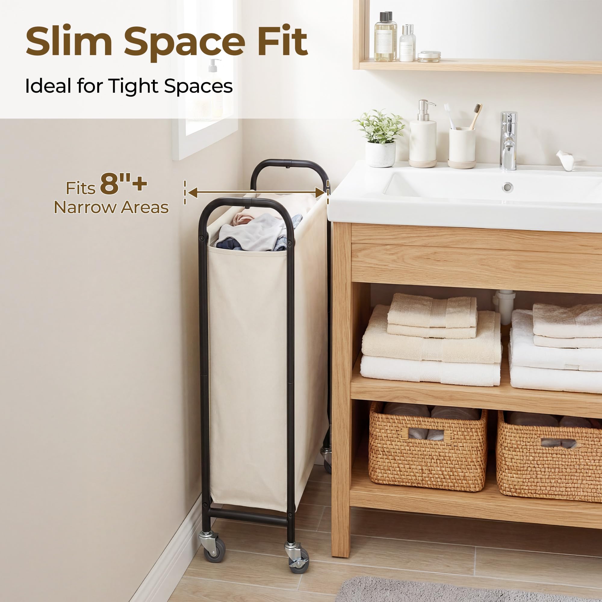 GRANNY SAYS Cesto de la Ropa de 80 Litros con Ruedas, Cesto de Tela con Ruedas, Organizador de Ropa Estrecho, Cesto Alto para Armario, Lavadero o Baño, Slim Laundry Basket, Color Beige