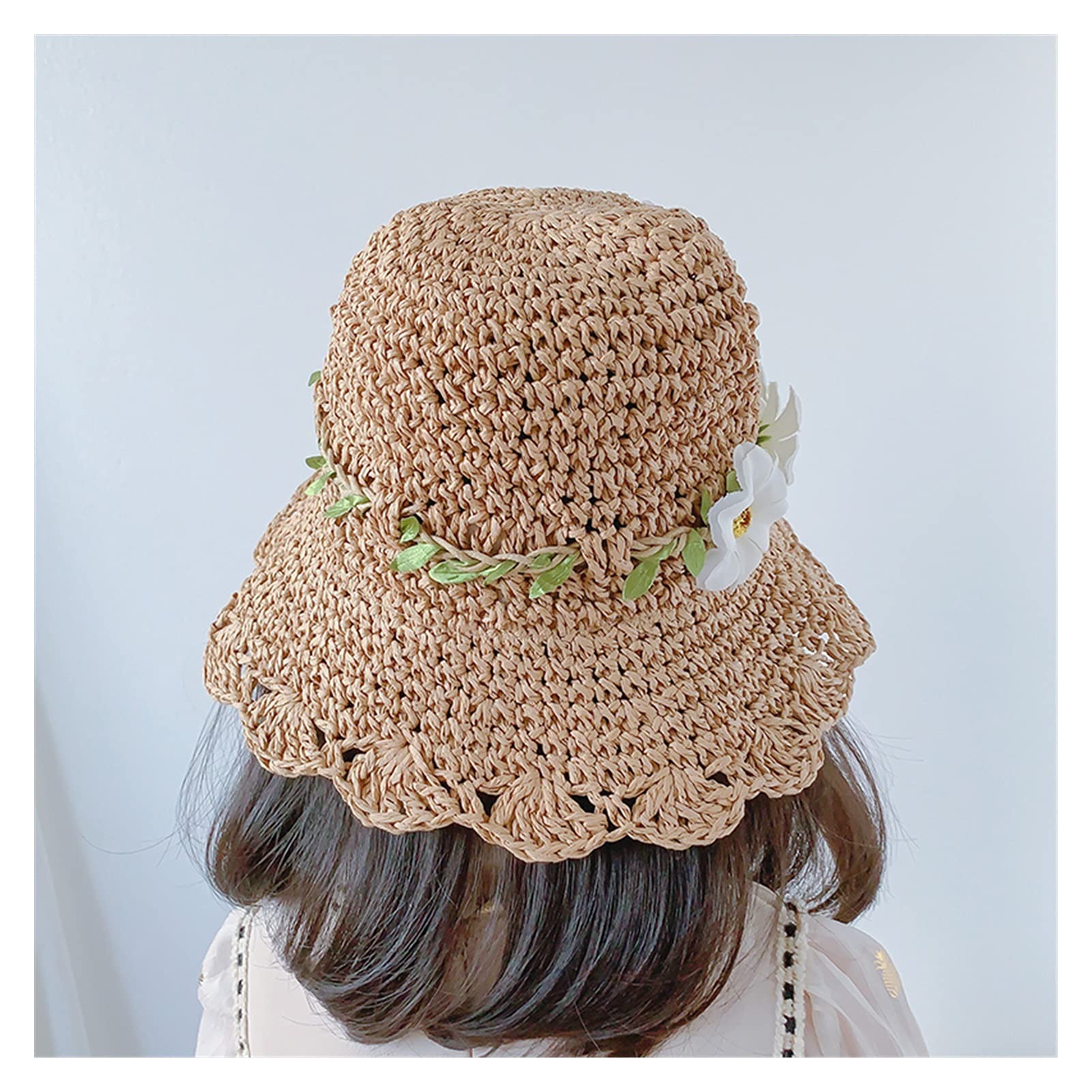 Kinder-Sommerhut, Kinder-Strohhut, handgefertigt, gewebter Sommerhut, Sonnenhut, Mädchenhut, Baby-Frühlings- und Sommerkranz-Sonnenhut (Khaki M 1 2Y)