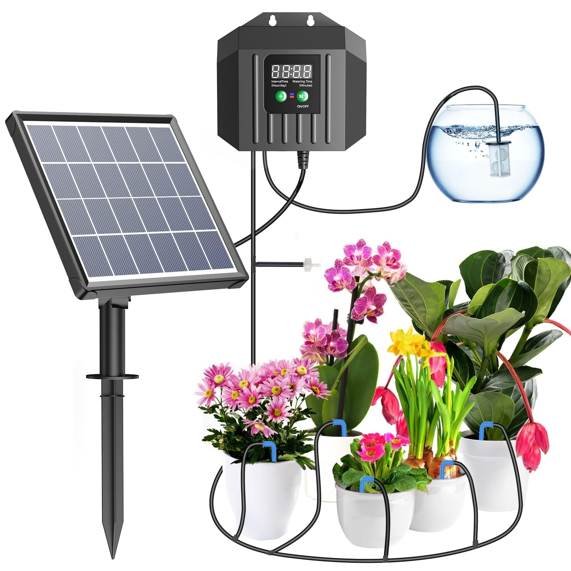 Biling 2.5W Solar Drip Irrigation System for 15-20 Pot Balcony Garden Plant | 2200mAh Battery, 168 Modes, 400ml/min, 15M Hose, IP68 Solar Self Watering System for Holiday Feeds Garden Greenhouse Plants