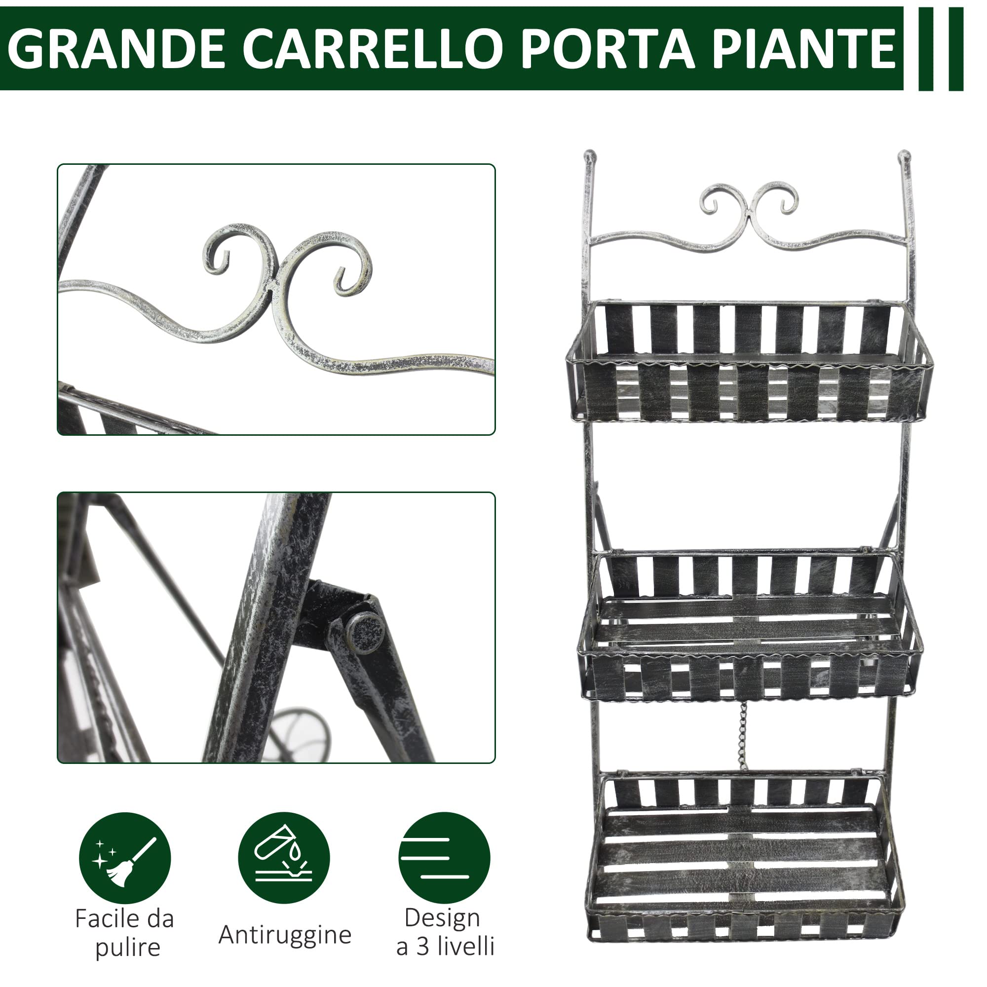 Supporto Per Piante A 3 Ripiani In Metallo Con Ruote – Porta Fiori Da Interno/esterno, 90x66x60 Cm, Carico Max 200 Kg - 3