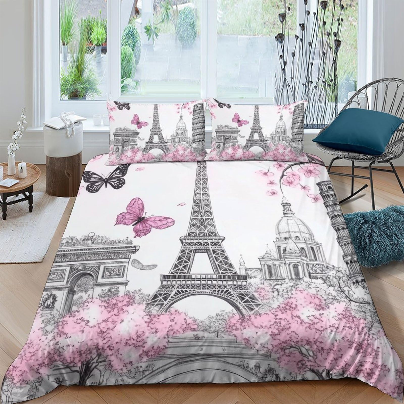 Ctjqhvkz Style-10 3D Printed Eiffel Tower Fitted Sheet Microfiber Pink Paris Landmark Mattress Cover For Bedroom Guest Room Decor Single（135X200cm）